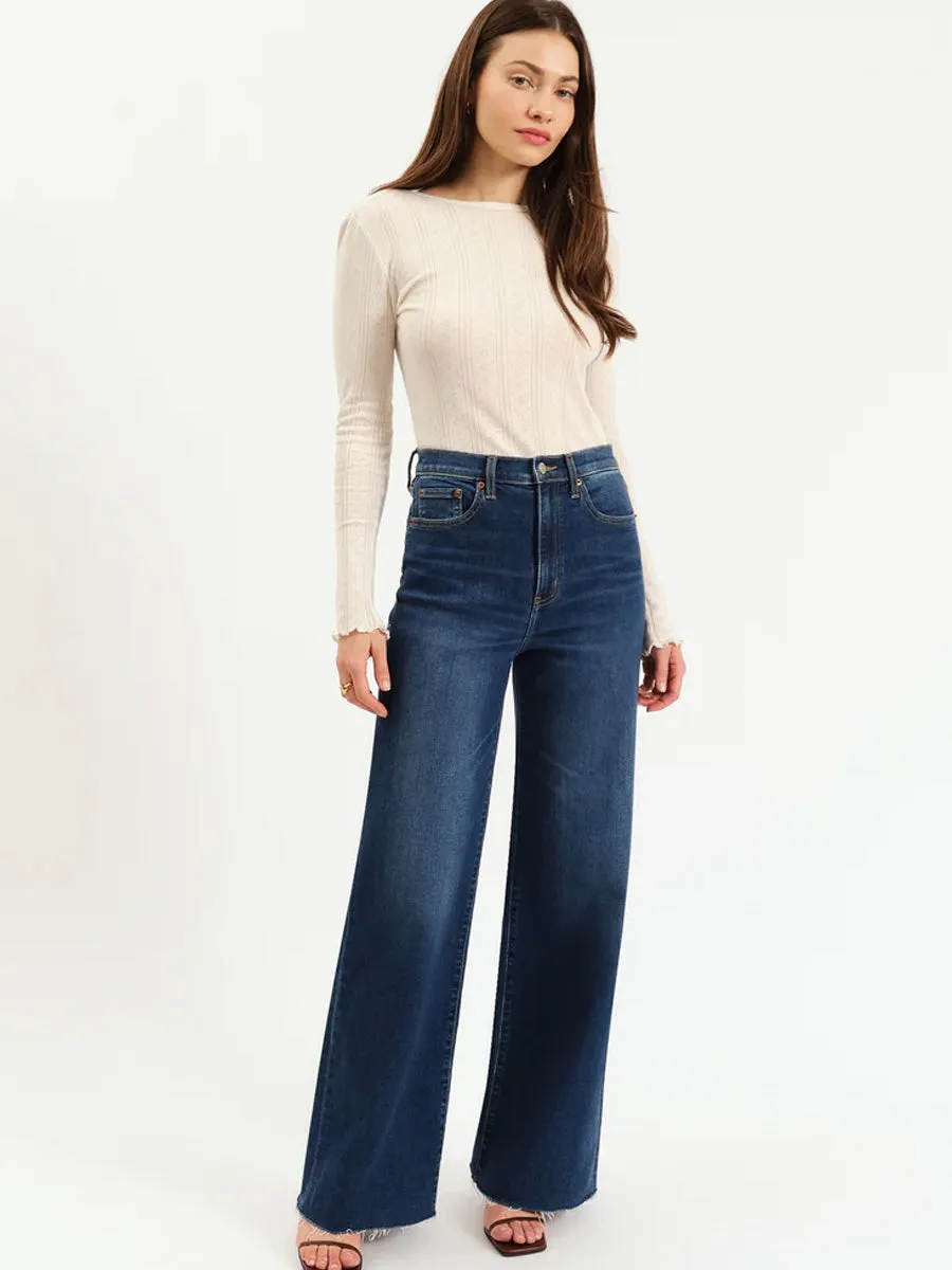 Non Tapered Leg Cozy and Relaxed DAZE DENIM FAAR OUT W/OUT SEAMING, HIGH RISE WIDE LEG JEAN - WATERFALL
