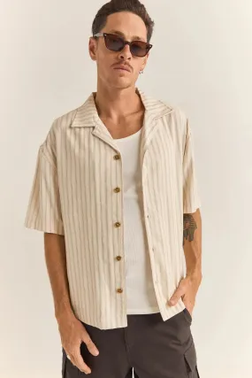 Relaxed Stripe Short Sleeve Shirt Natural PaddedInsulation Reinforced Seam Technique