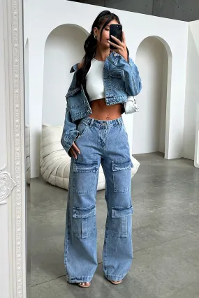 Adalia Mid Rise Wide Leg Jeans - Blue Stretch Panel Multi-way wear