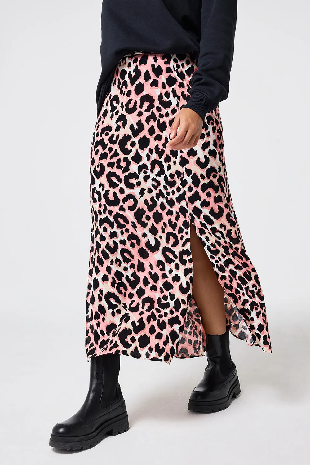 Velvet Finish Mixed Neutral with Black Shadow Leopard Split Front Skirt
