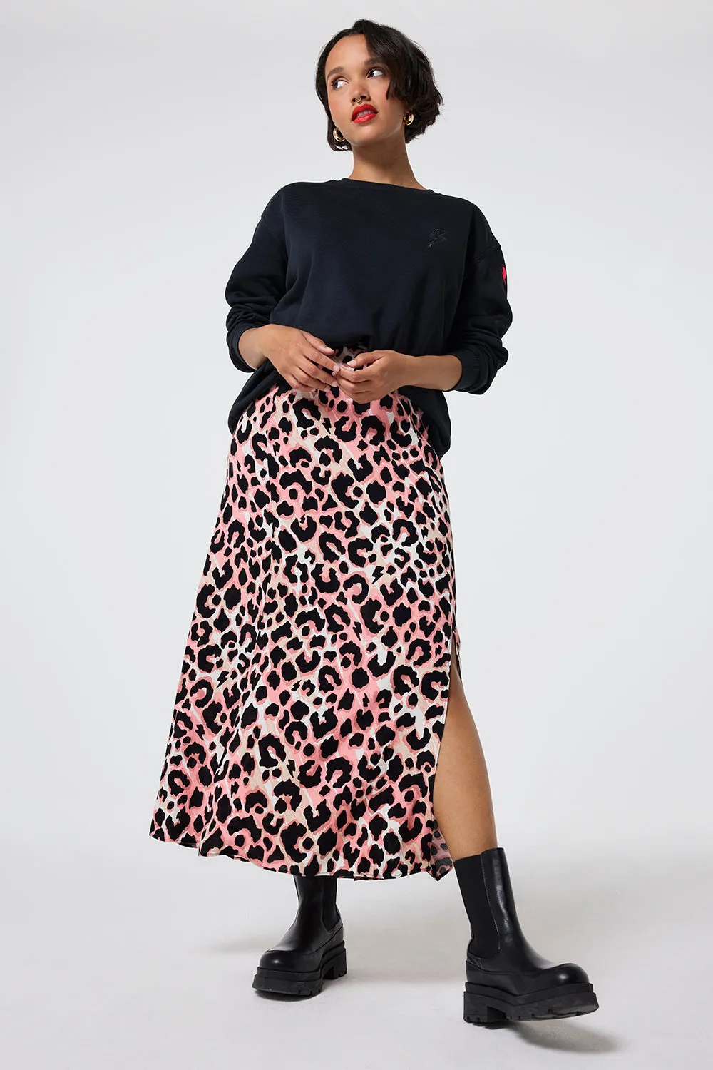 Mixed Neutral with Black Shadow Leopard Split Front Skirt Stretch Waist party look