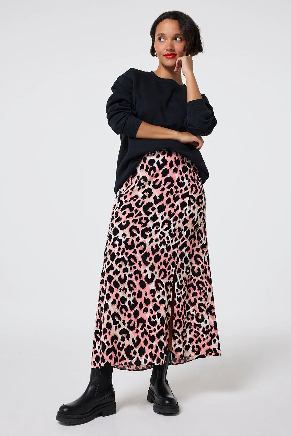 Mixed Neutral with Black Shadow Leopard Split Front Skirt Reinforced Pockets