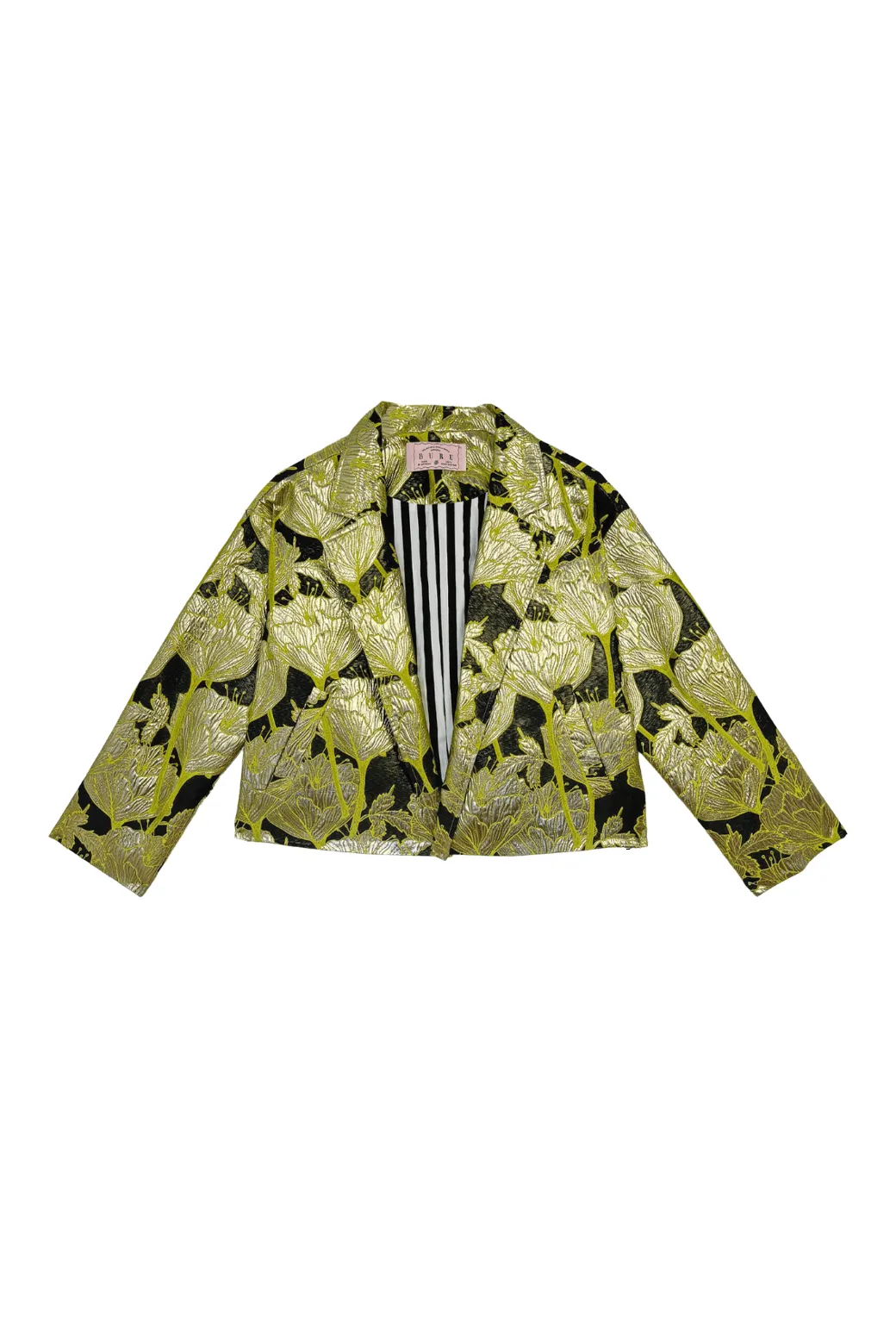 Cropped Boyfriend Blazer - Chartreuse and Black Brocade Lightweight Lining Secure Closure System