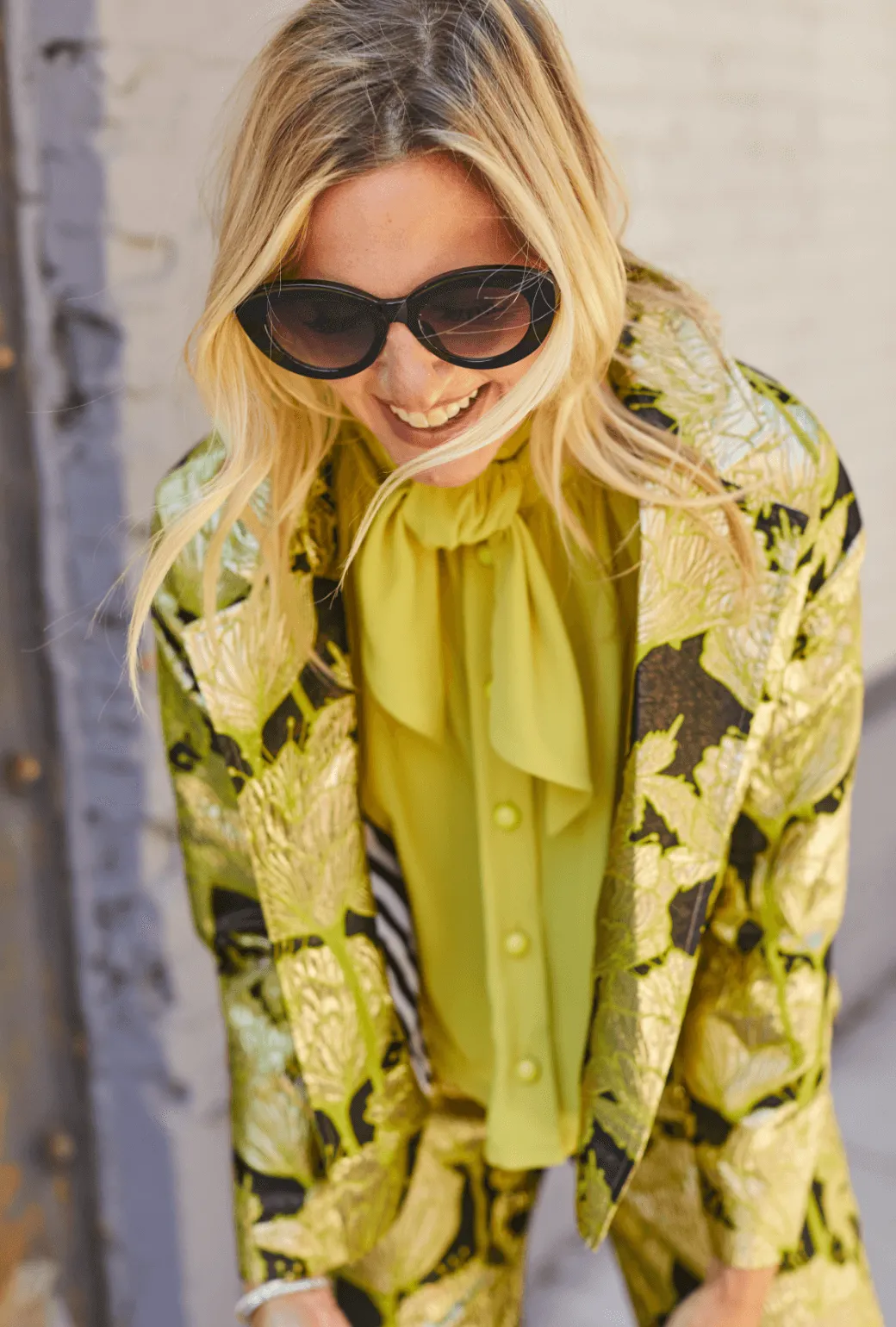 Cropped Boyfriend Blazer - Chartreuse and Black Brocade Adjustable Cuff Durable Fabric