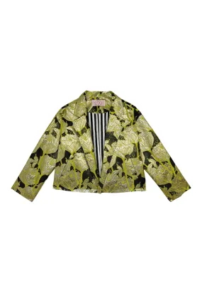 Cropped Boyfriend Blazer - Chartreuse and Black Brocade Lightweight Lining Secure Closure System
