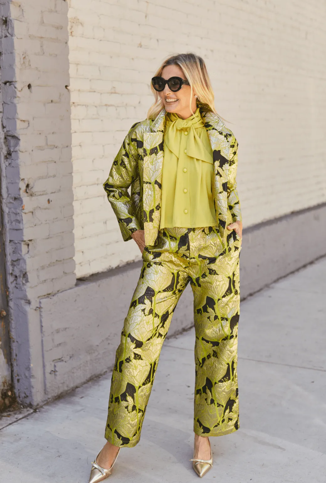 Reinforced Elbow Panels Softshell Coating Cropped Boyfriend Blazer - Chartreuse and Black Brocade