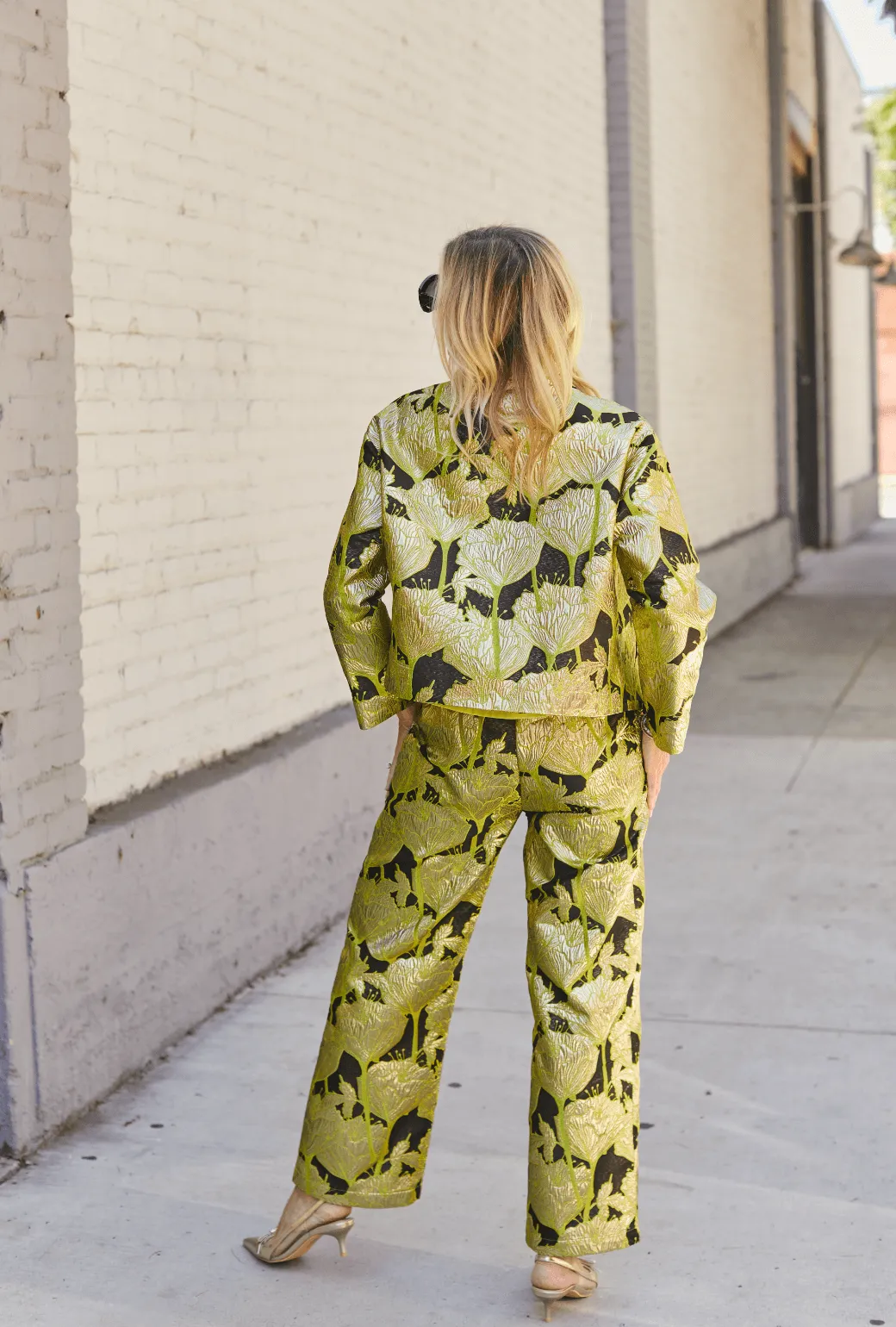 Hooded style Reflective Safety Accents Cropped Boyfriend Blazer - Chartreuse and Black Brocade