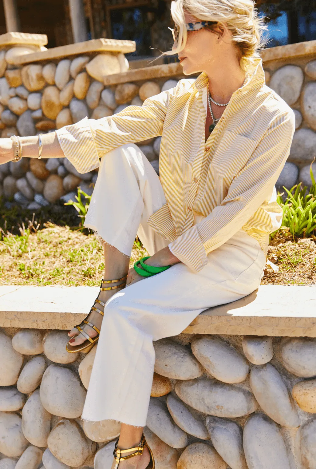 SnagProof DropShoulder Mel Button Down Shirt - Yellow Stripe