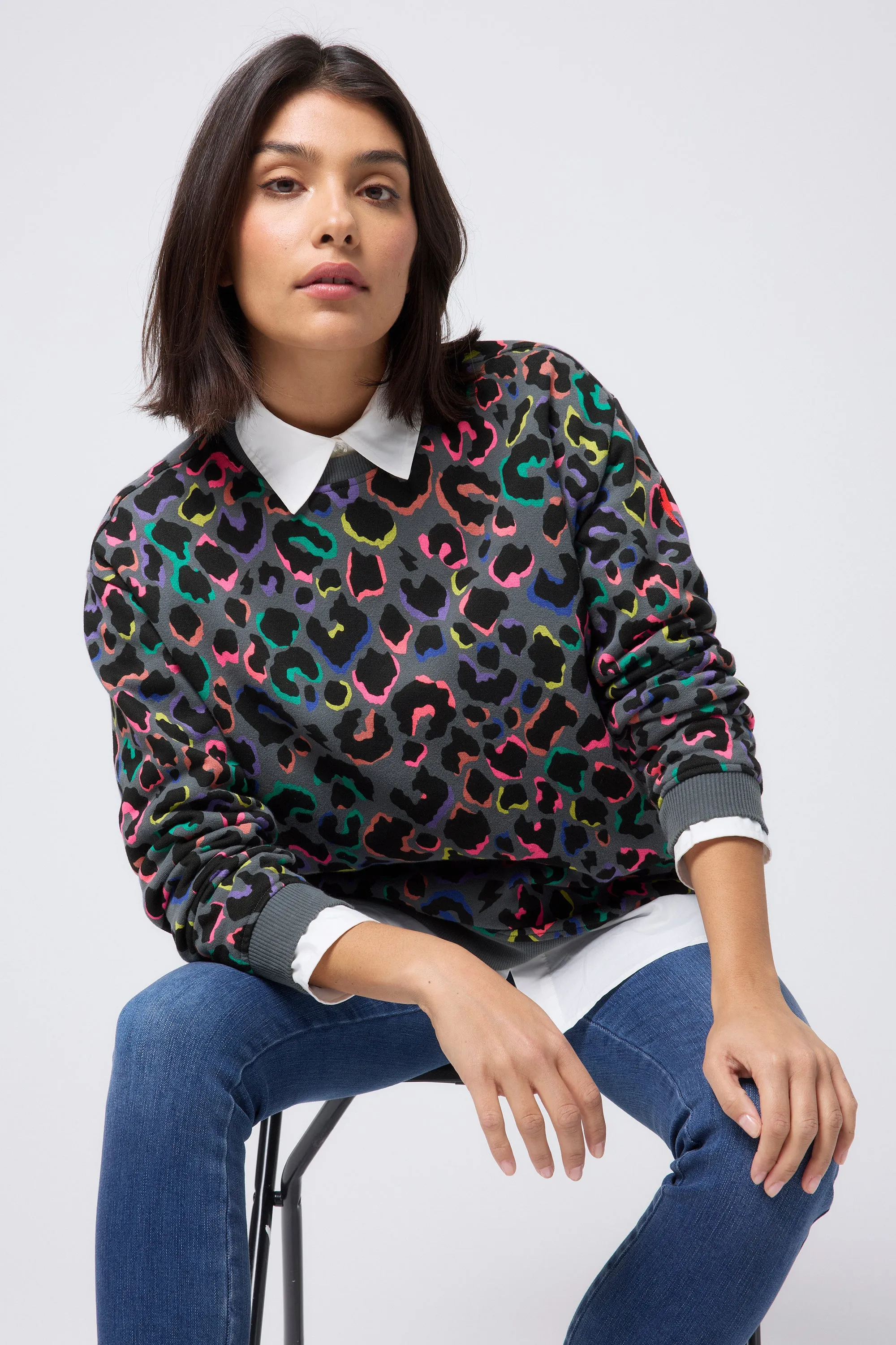 Striped Grey with Rainbow Shadow Leopard Oversized Sweatshirt