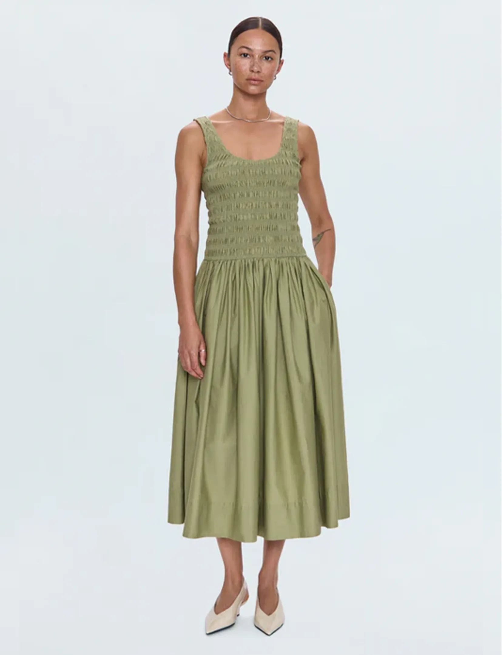 Alessia Dress, Sage Subtle Drape Chic Motion