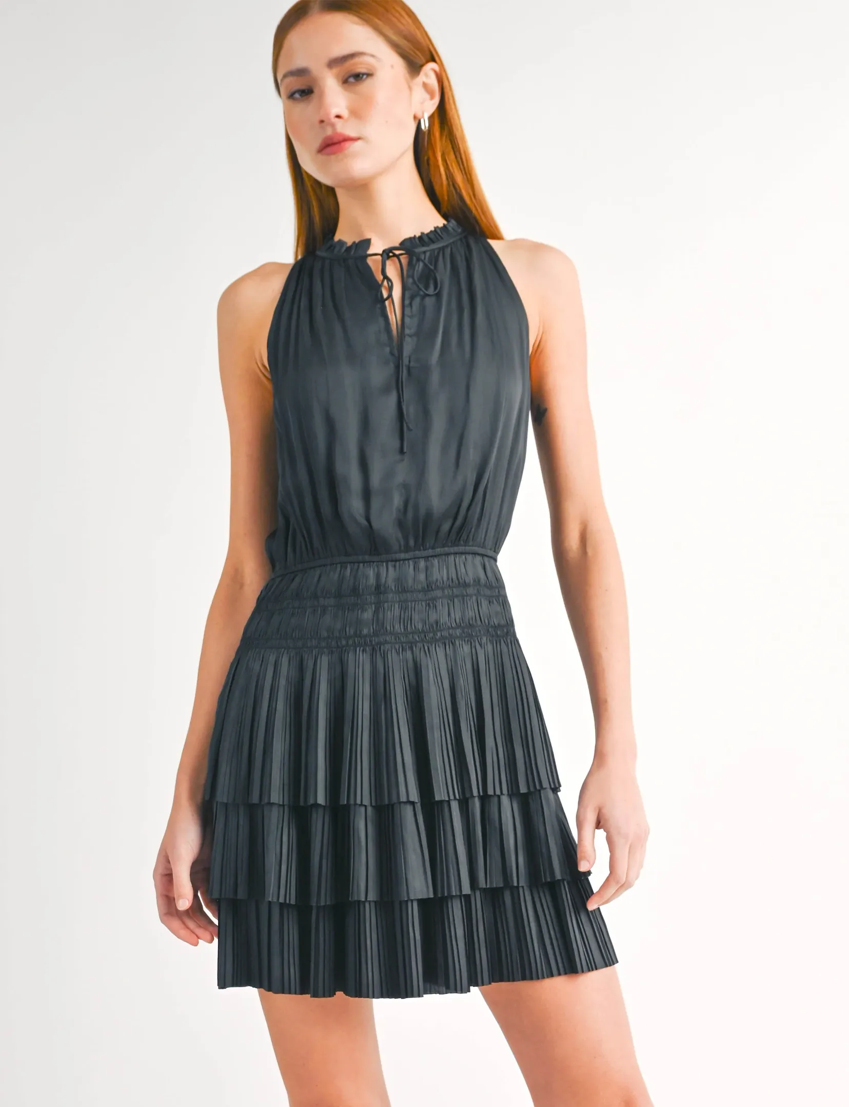 Alix Dress, Black Elastic-Waist Textured Flow