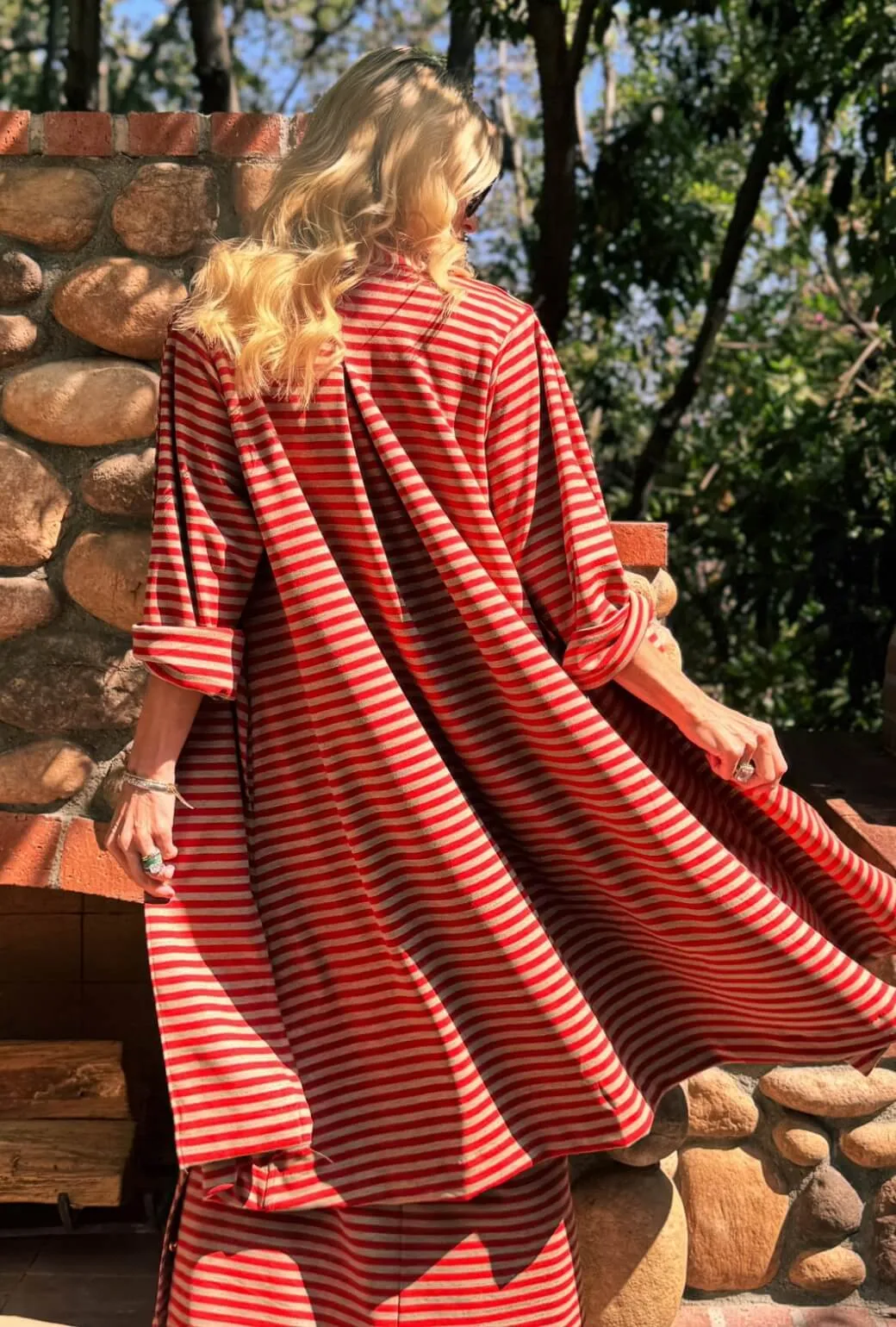 Belted Swing Coat - Taupe & Red Stripe Knit Teflon coating Pastel Shade