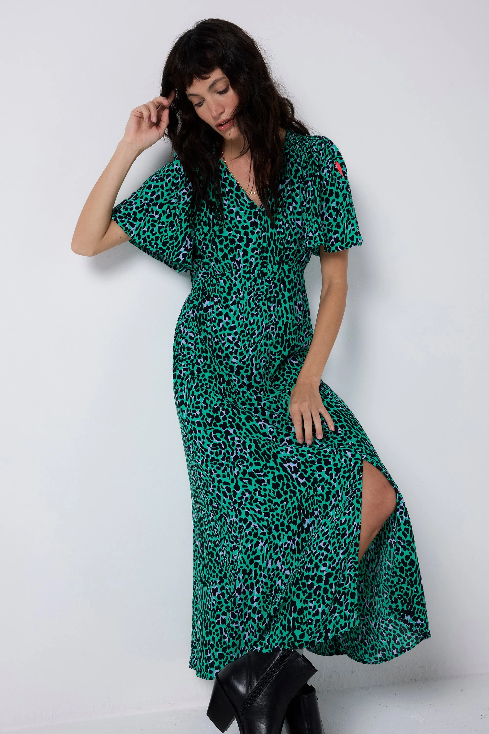 Green with Black Leopard Angel Sleeve Midi Tea Dress Playful touch