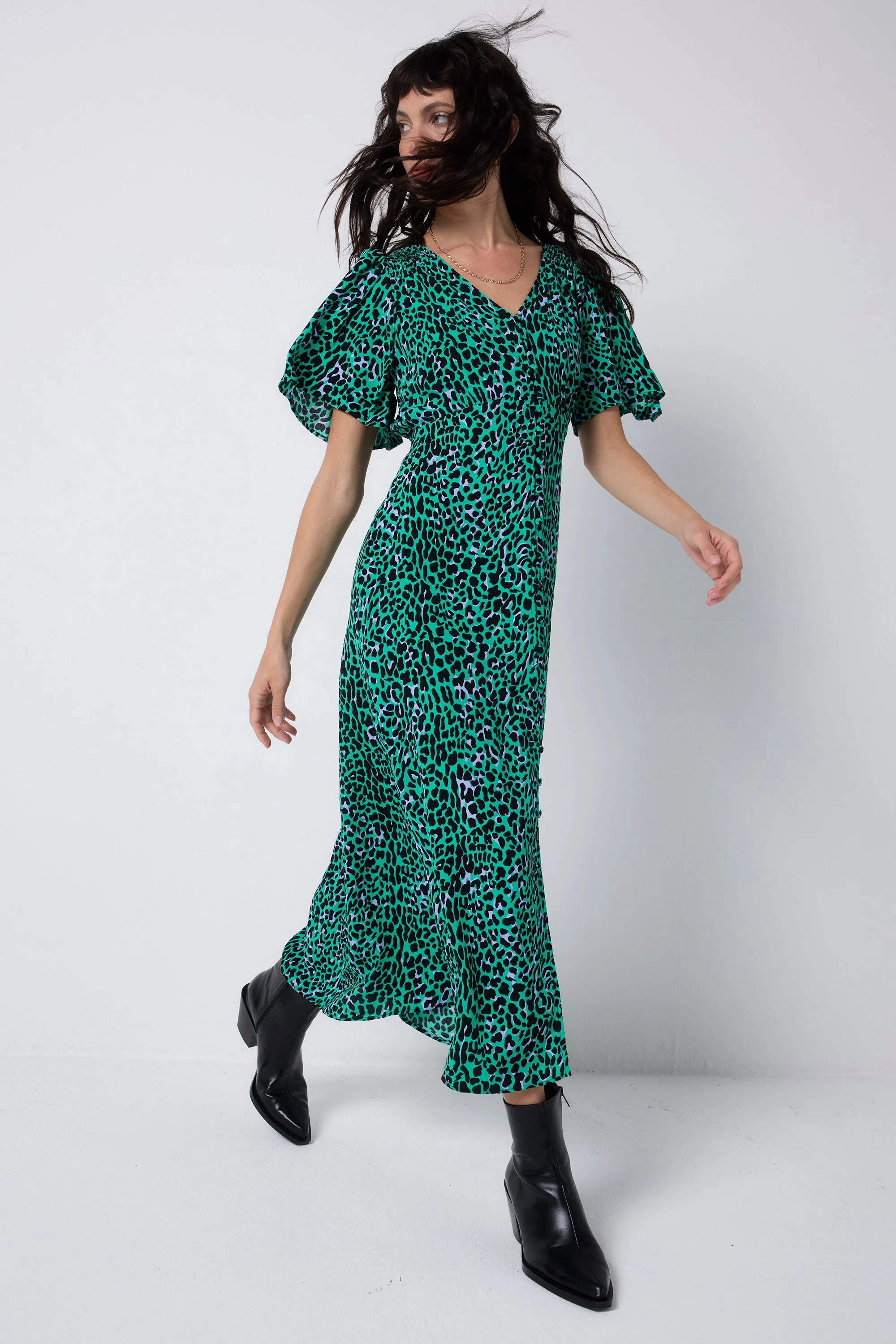 Green with Black Leopard Angel Sleeve Midi Tea Dress Bare Glow
