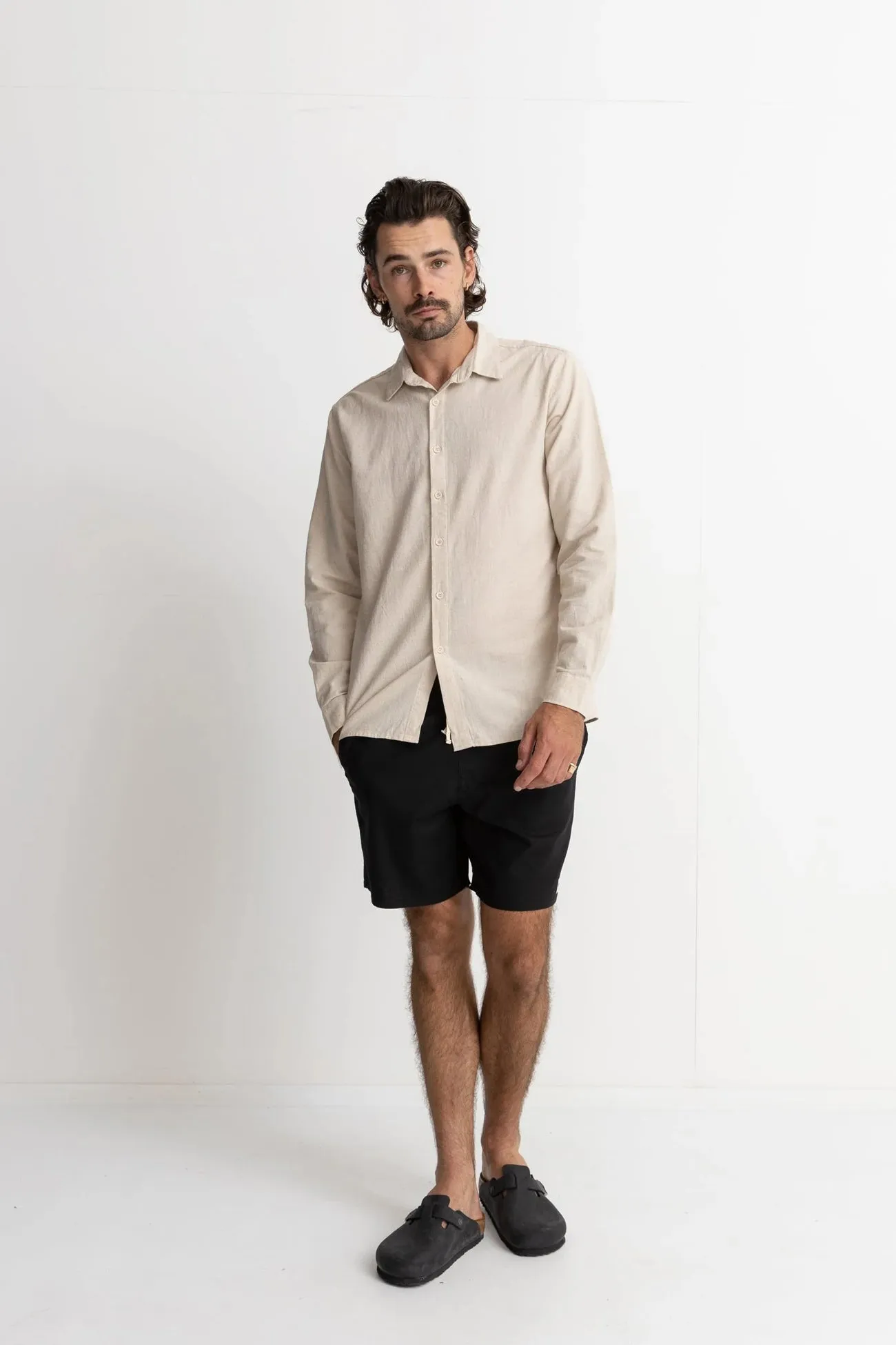 Layered Panel Construction Classic Linen Long Sleeve Shirt Sand