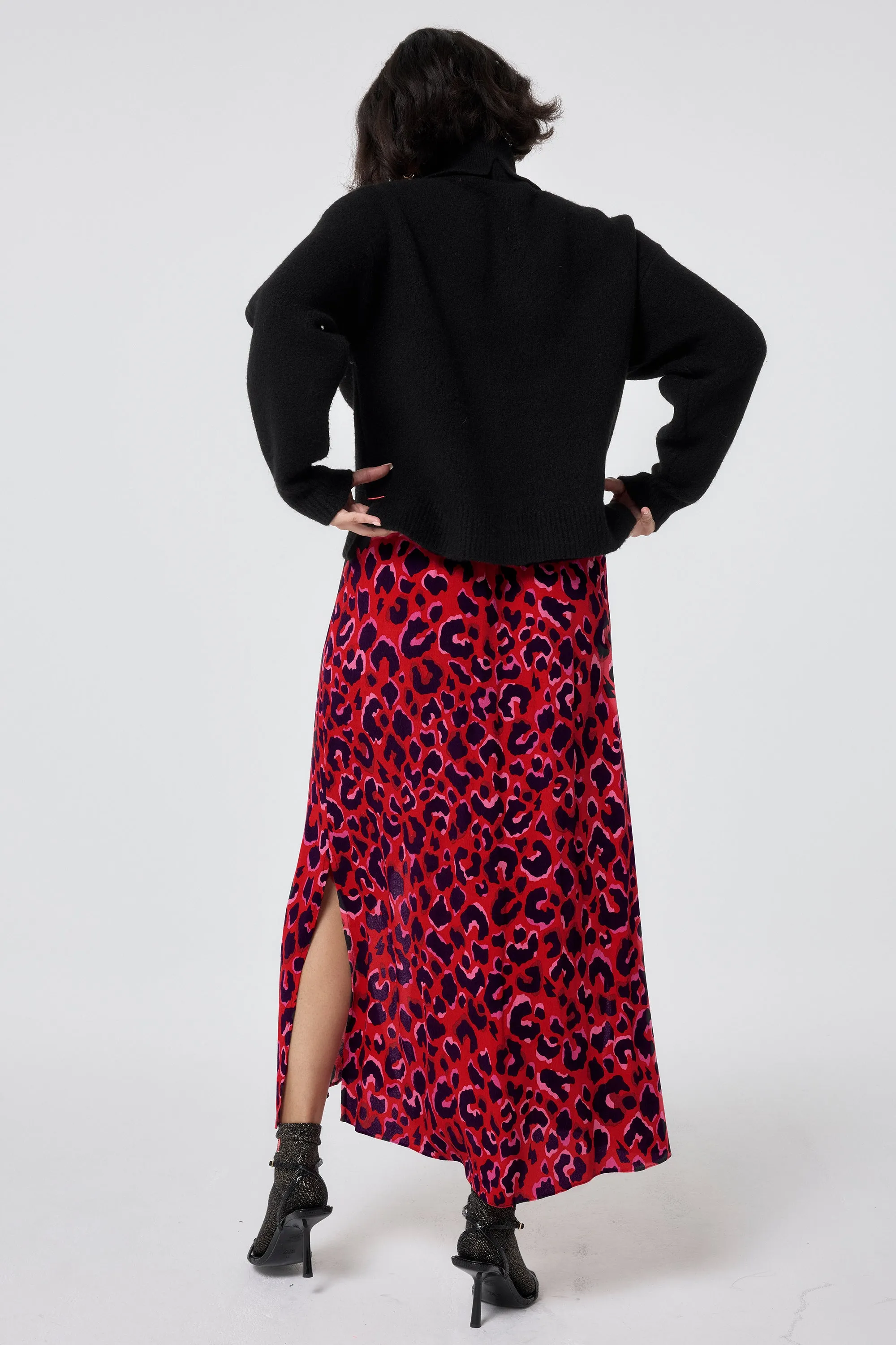 Retro Style Red with Pink and Black Pop Leopard Button Through Skirt