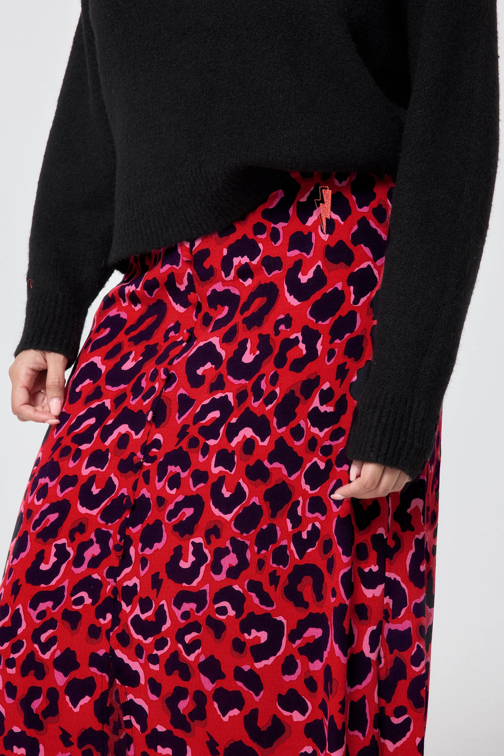 Red with Pink and Black Pop Leopard Button Through Skirt Timeless Piece
