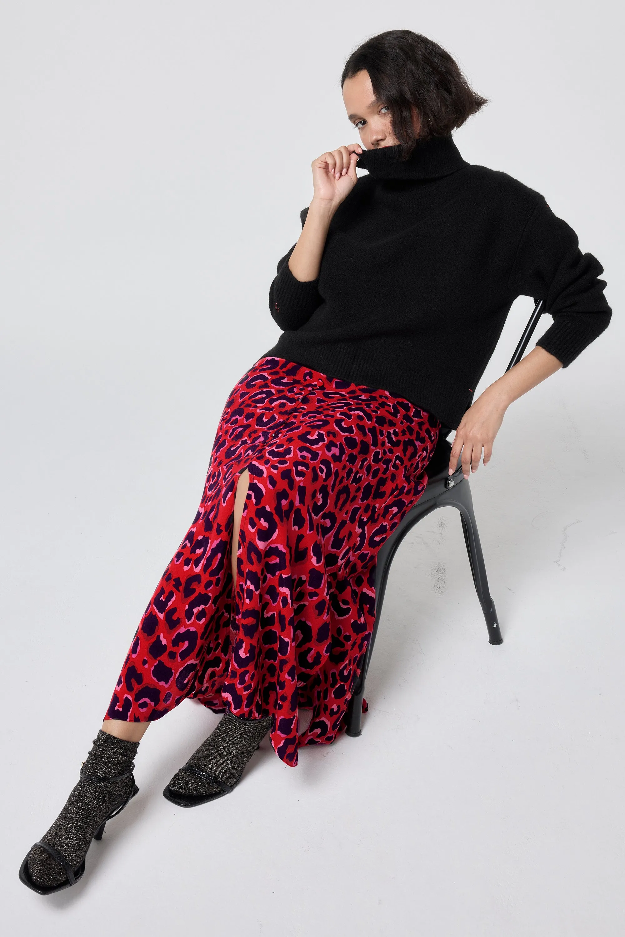 Weekend Style Twist Front Red with Pink and Black Pop Leopard Button Through Skirt