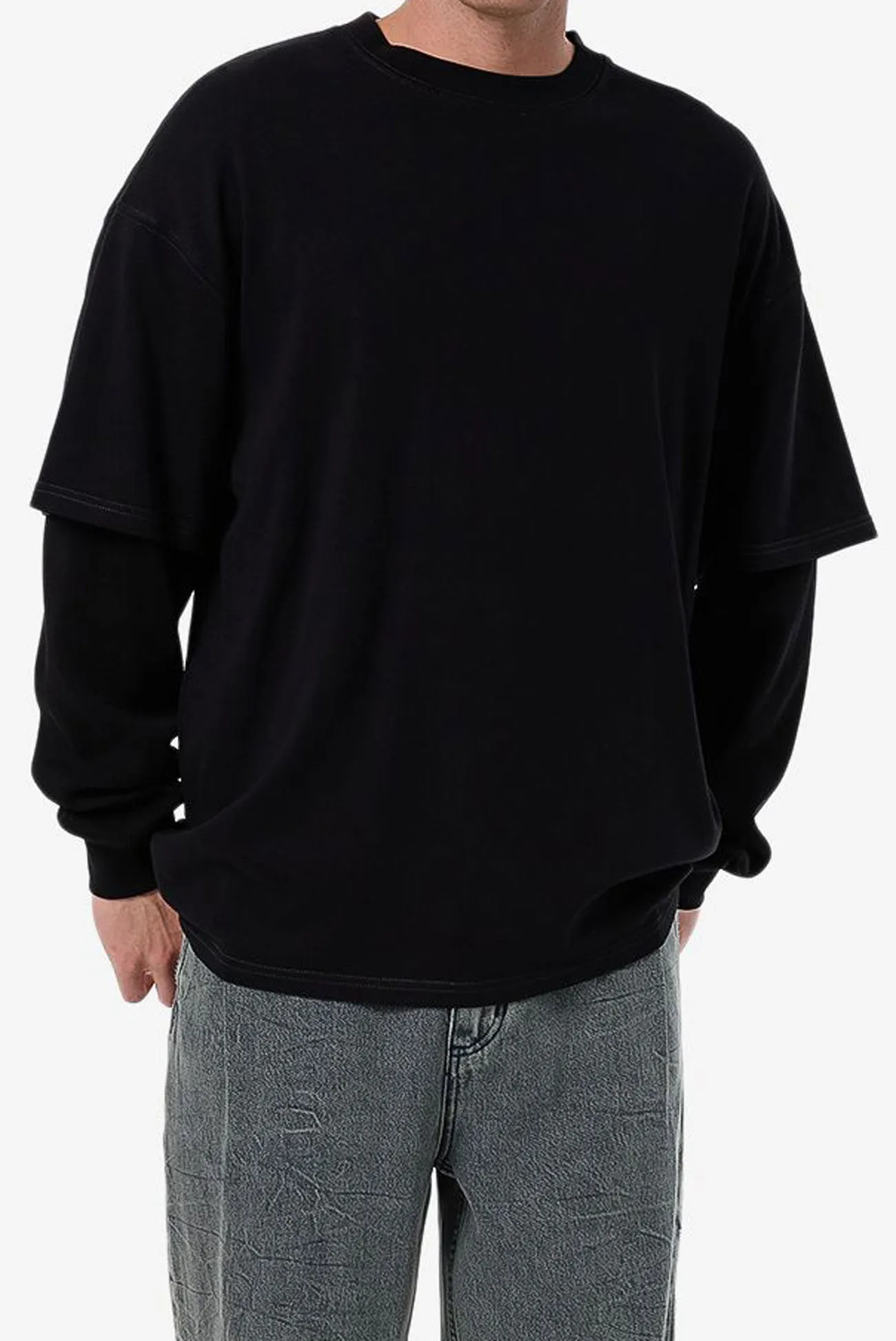 Arts & Industrial Layer Box Fit Oversize Long Sleeve Tee Black Cozy Cardigan Anti Static Fabric