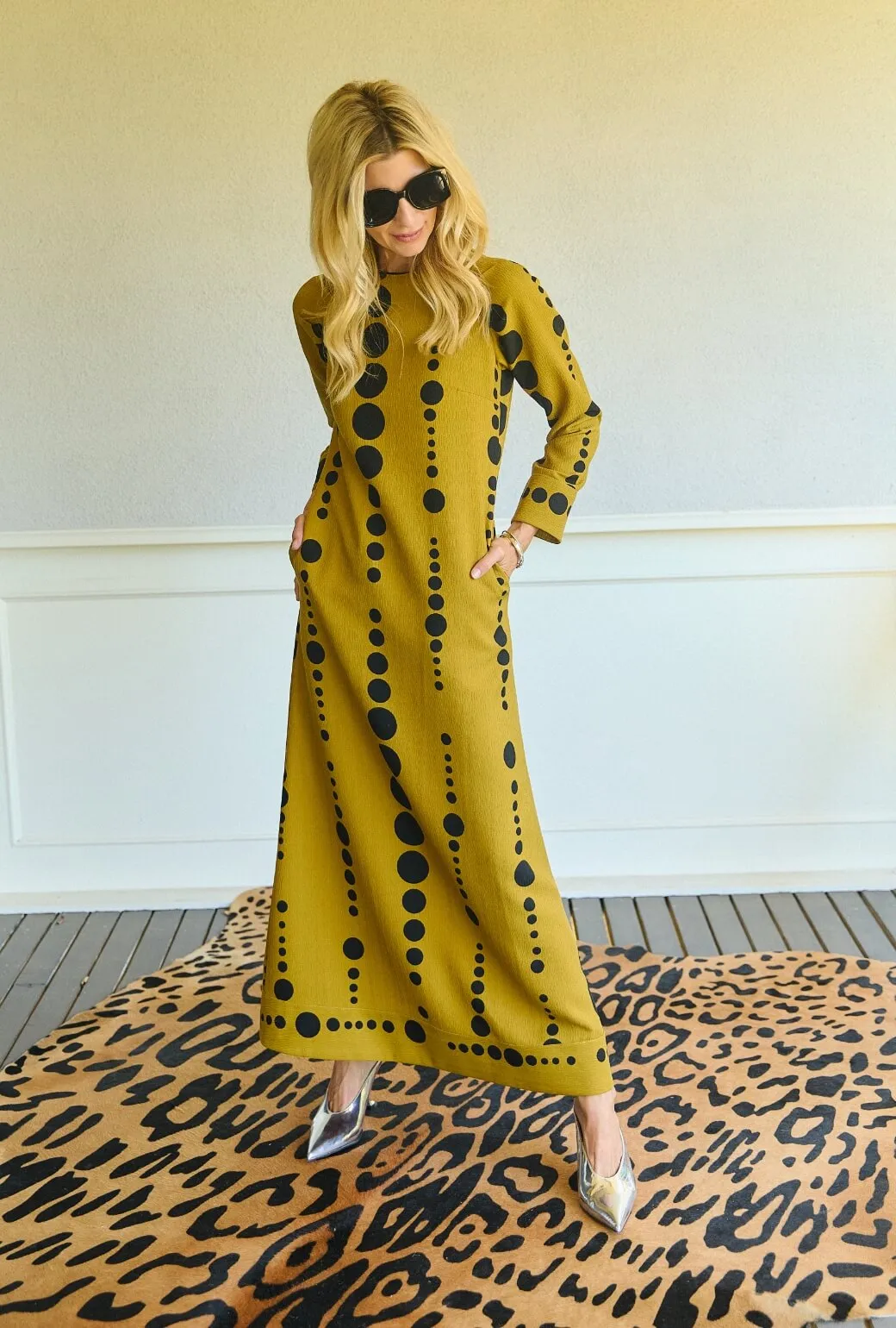Mesh-Sleeve Astor Gown - Dijon Dots
