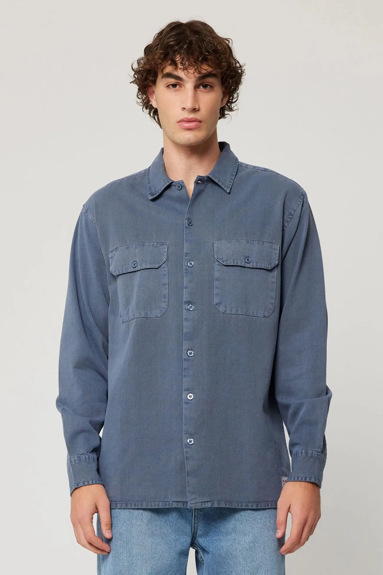 Ezy Trade Long Sleeve Shirt Washed Blue Placket Detailing