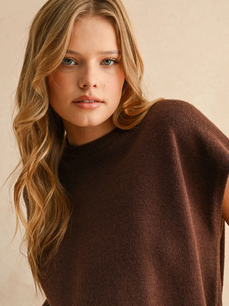 GarmentWashedFinish ThermalRegulationLayer LOOSE FIT SHORT SLEEVE SWEATER - CHOCOLATE