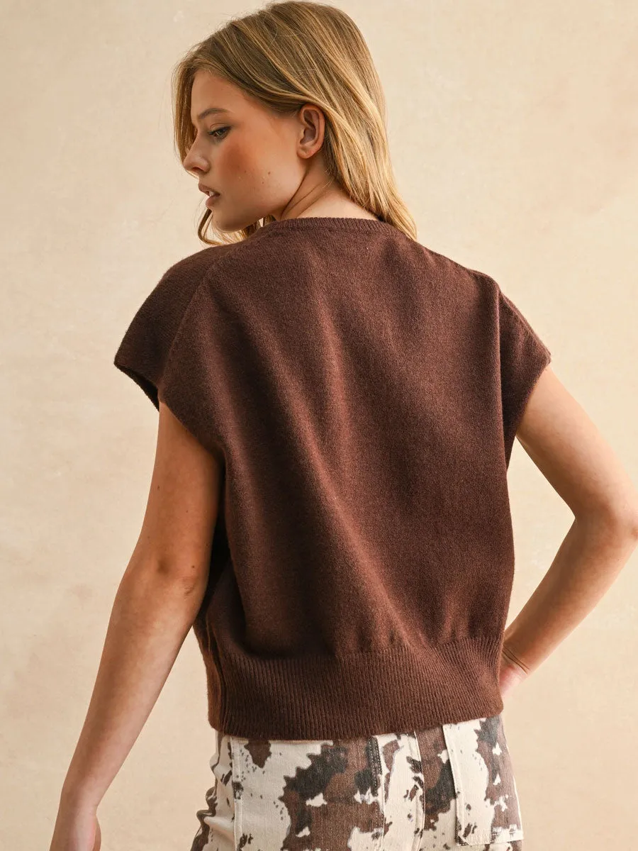 LOOSE FIT SHORT SLEEVE SWEATER - CHOCOLATE hypoallergenic material WideNeckOpening