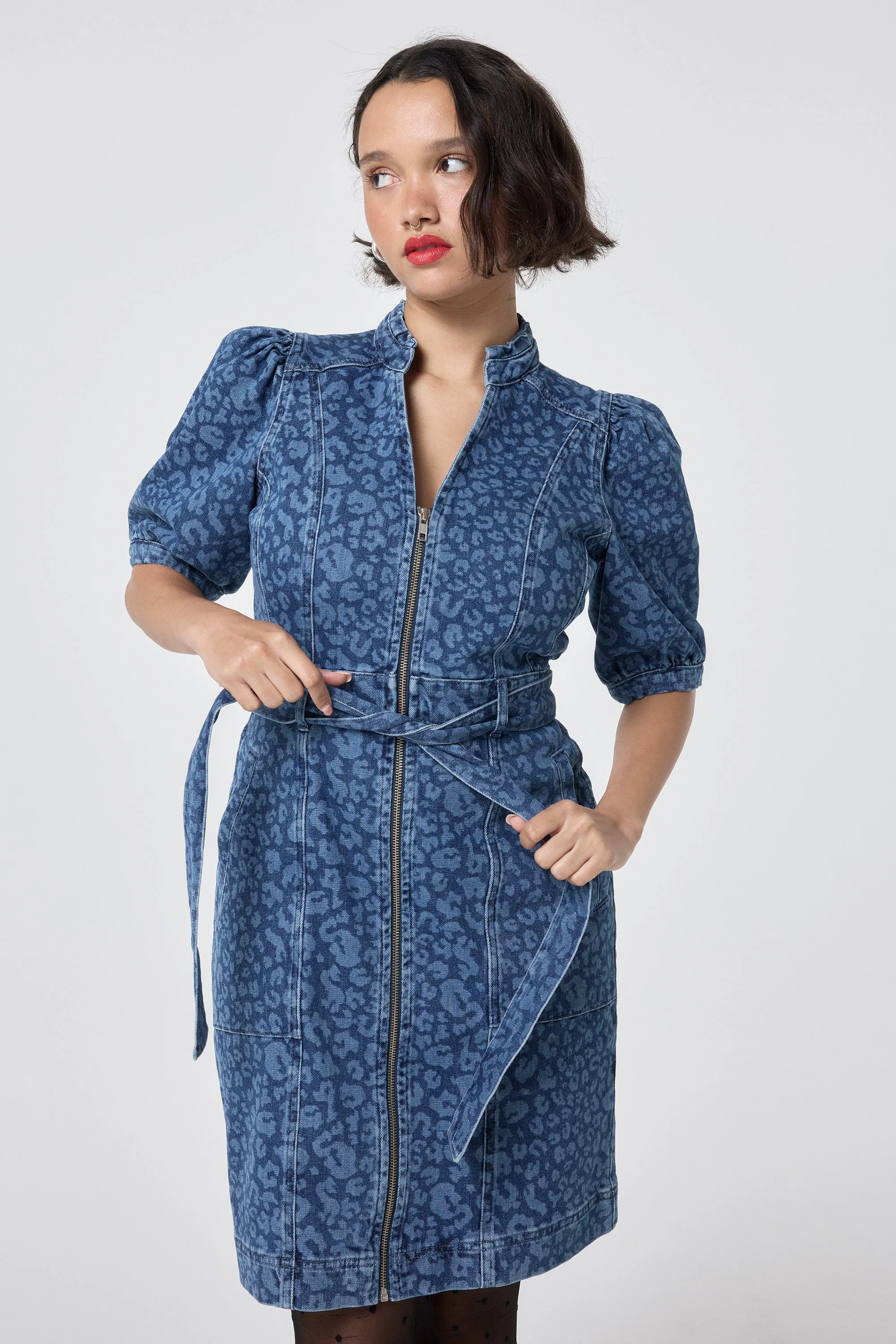 Dark Tones Authentic Indigo Leopard Zip Detail Short Denim Dress