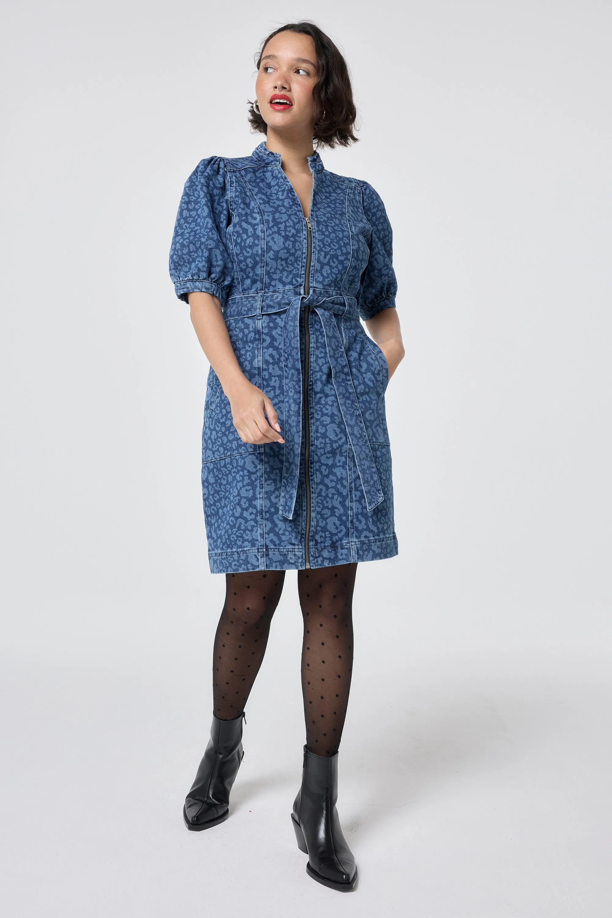 Work Ready Authentic Indigo Leopard Zip Detail Short Denim Dress