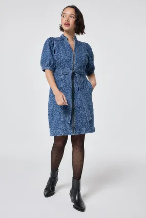 Work Ready Authentic Indigo Leopard Zip Detail Short Denim Dress