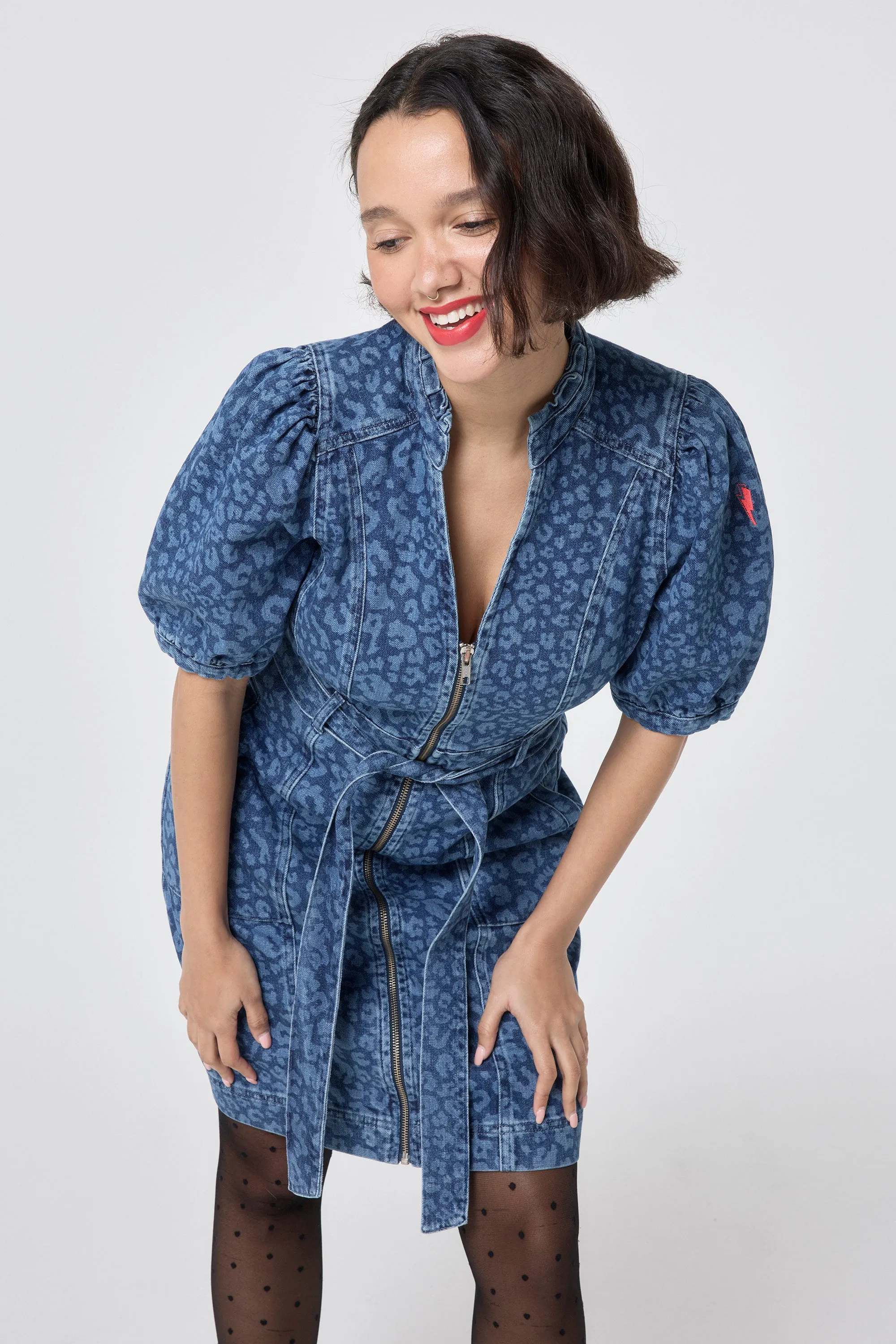 Floral-Pattern Authentic Indigo Leopard Zip Detail Short Denim Dress