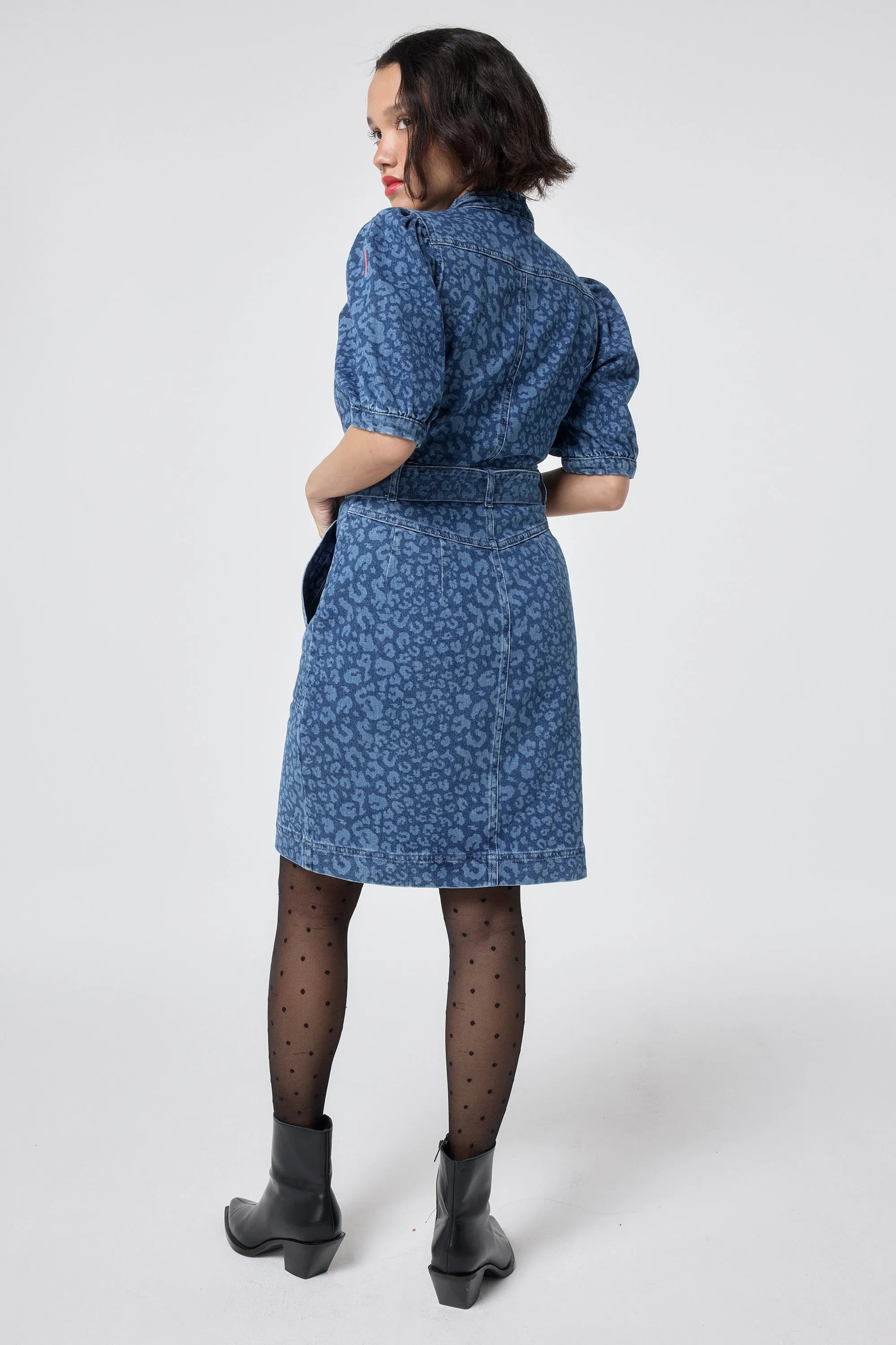 Authentic Indigo Leopard Zip Detail Short Denim Dress Shimmer-Finish Natural Aesthetic
