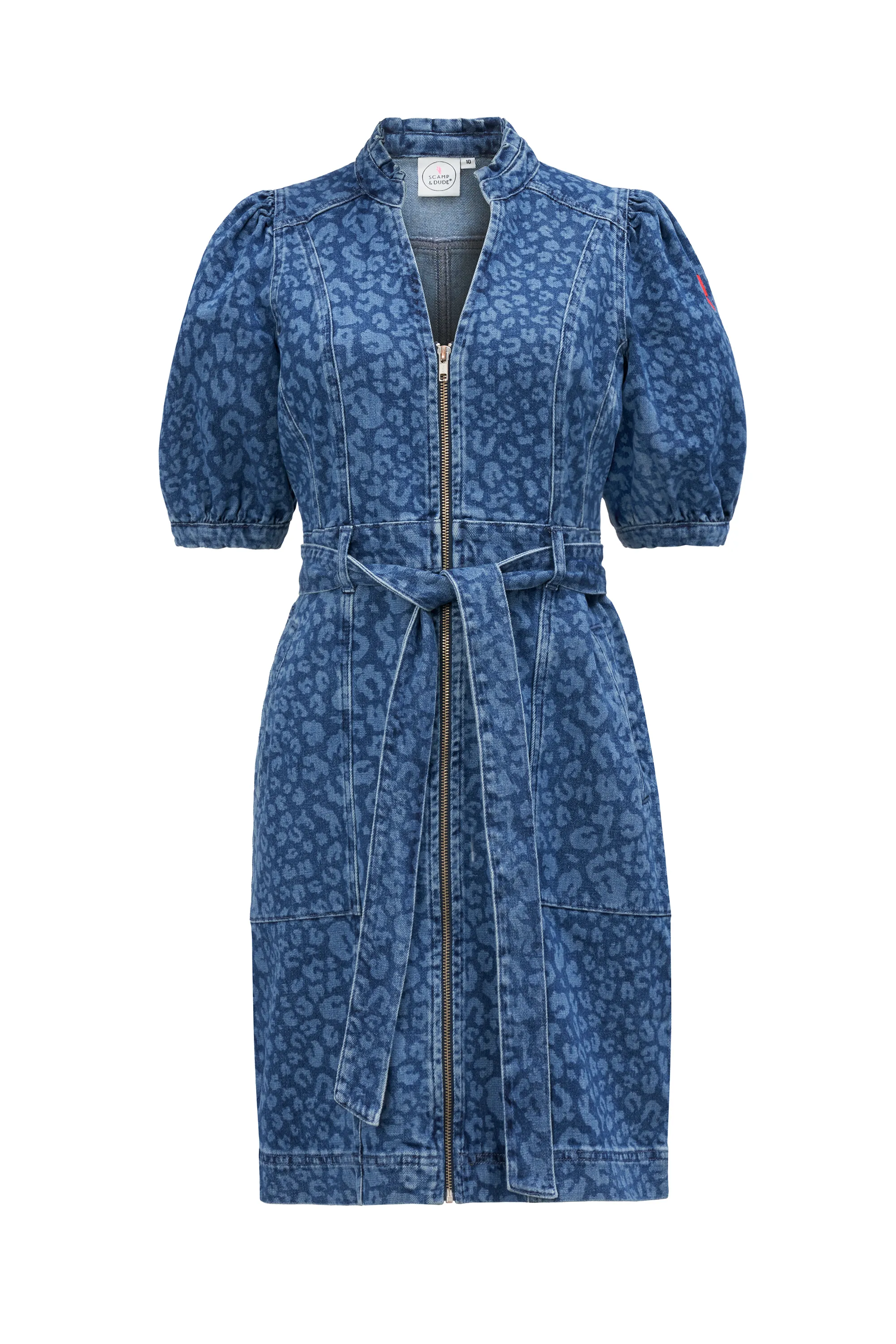 Elegant Line Unisex Option Authentic Indigo Leopard Zip Detail Short Denim Dress