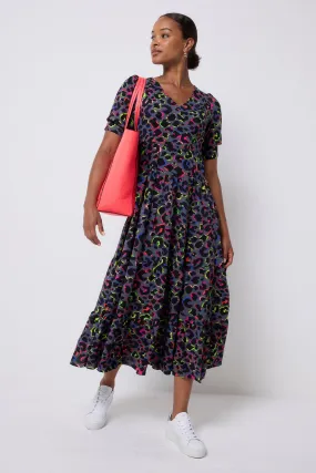 Pleat-Front Polished and Elegant Grey with Rainbow Shadow Leopard Maxi Dress