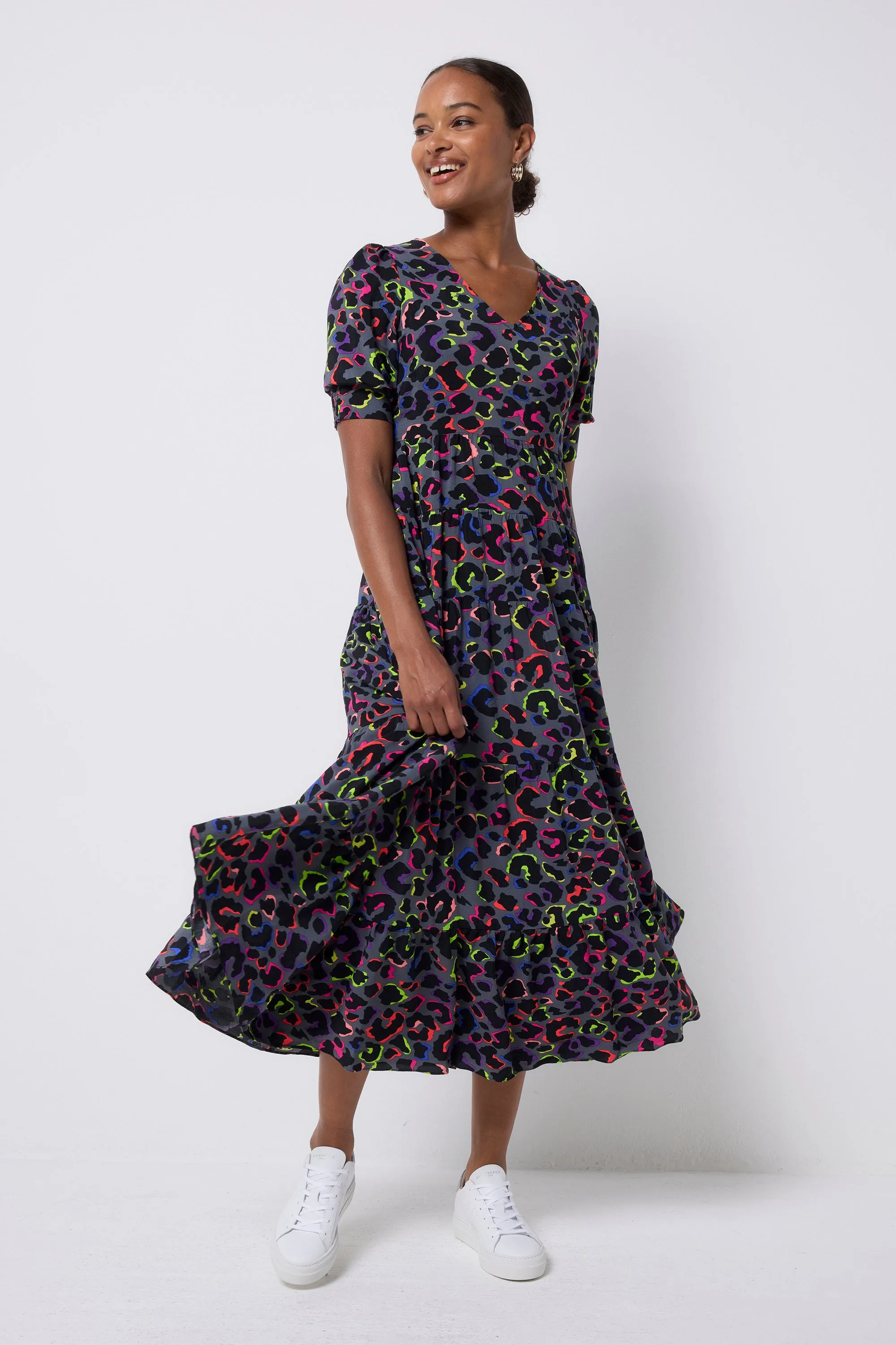 Grey with Rainbow Shadow Leopard Maxi Dress Layered Design