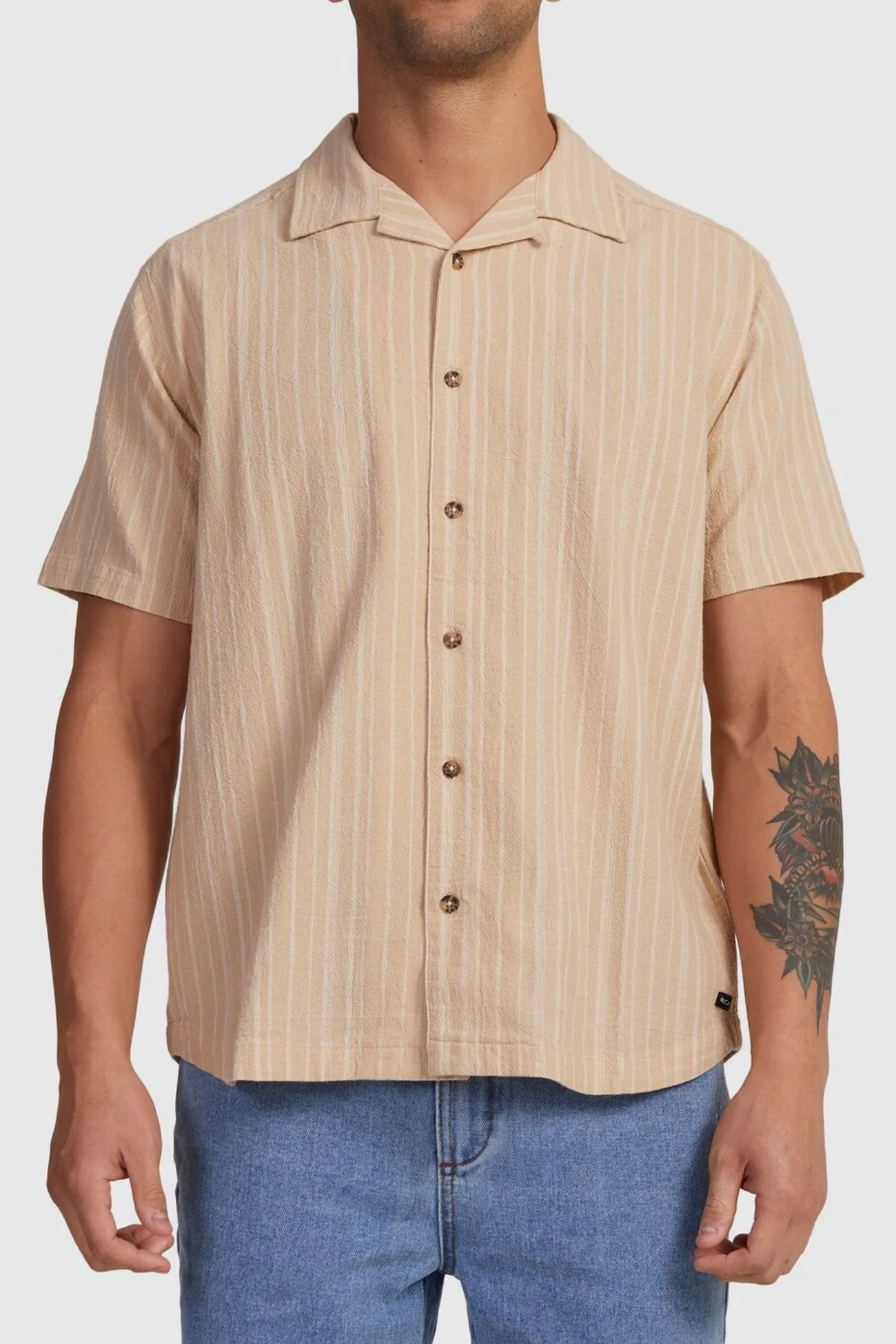 Beat Stripe Short Sleeve Shirt Tan Vintage Pullover