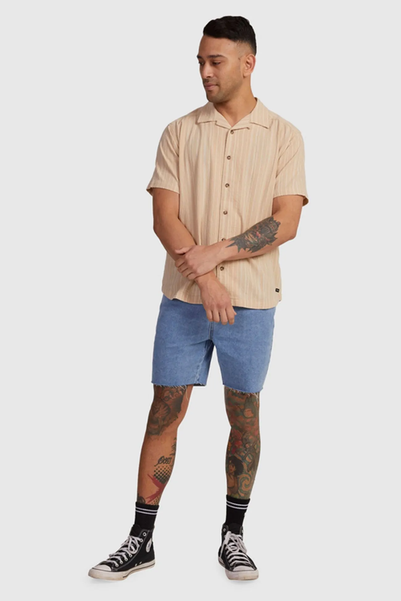 Beat Stripe Short Sleeve Shirt Tan Bamboo Fiber Fabric MoistureWicking Material