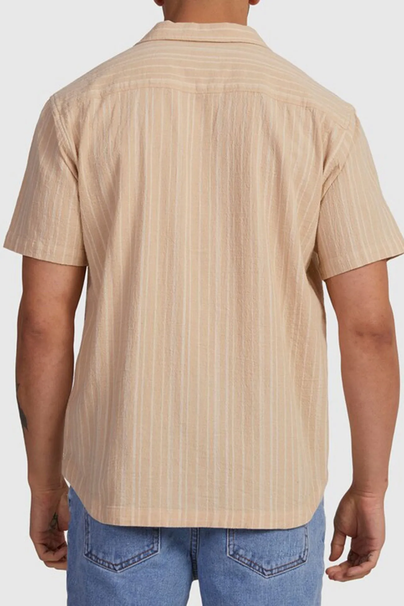 Beat Stripe Short Sleeve Shirt Tan PolyesterBlend