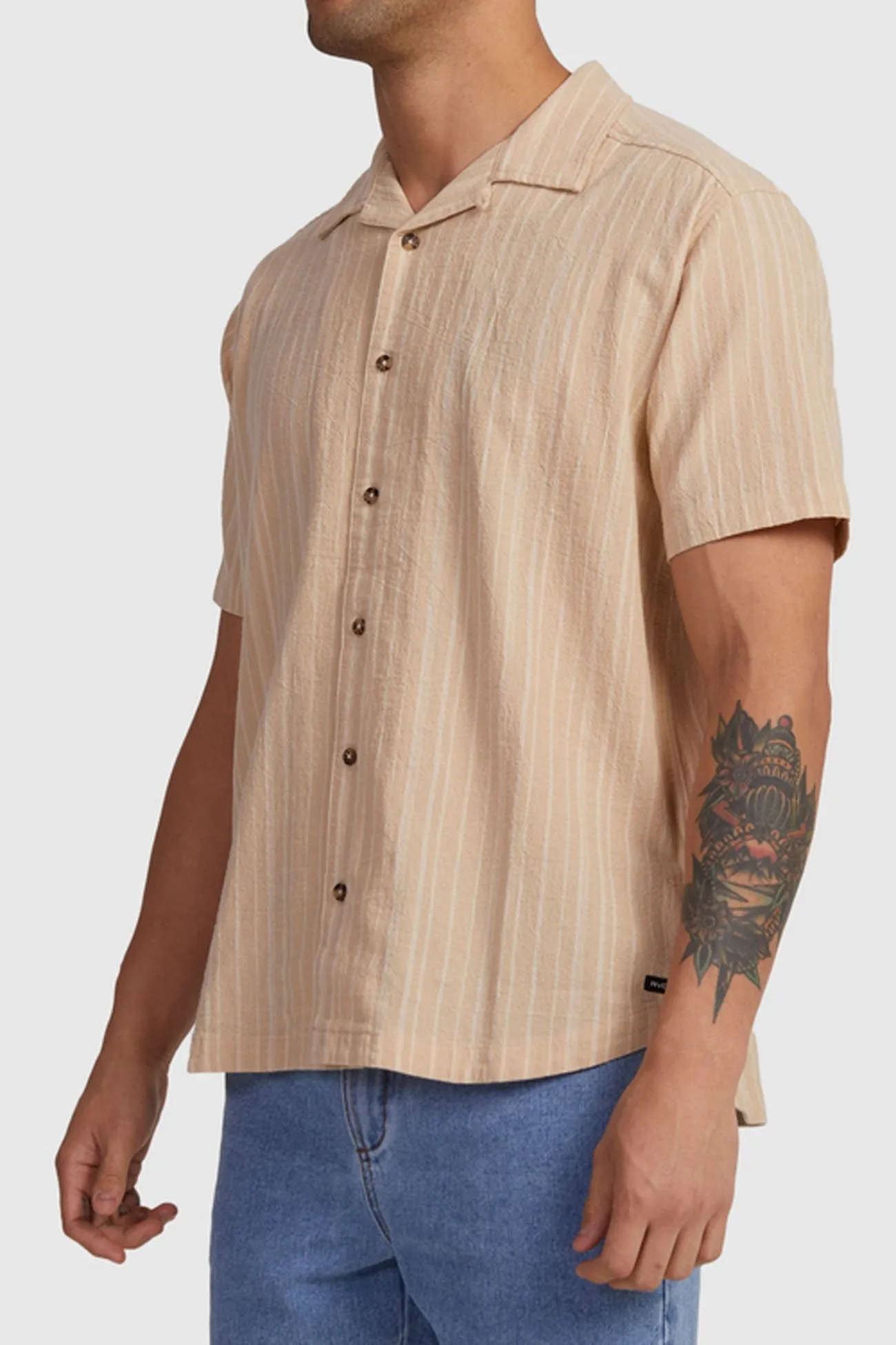 Beat Stripe Short Sleeve Shirt Tan FrayResistant Fabric
