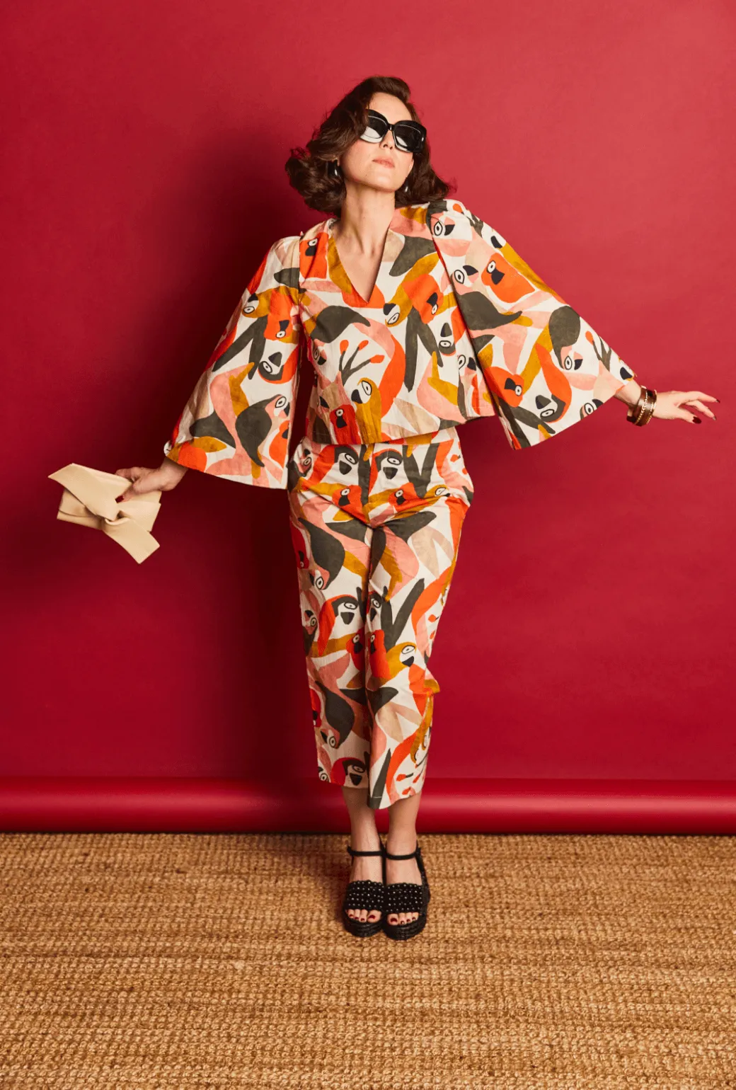 Layered Collar Design Bell Sleeve V-Neck Top - Parrot Head