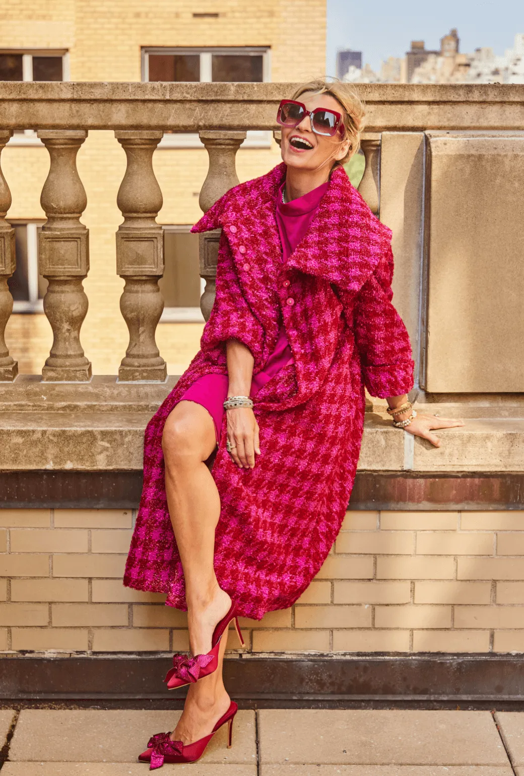 Heat Resistant Fabric Daily Wear Jacket Belted Grace Coat - Pink & Red Tweed