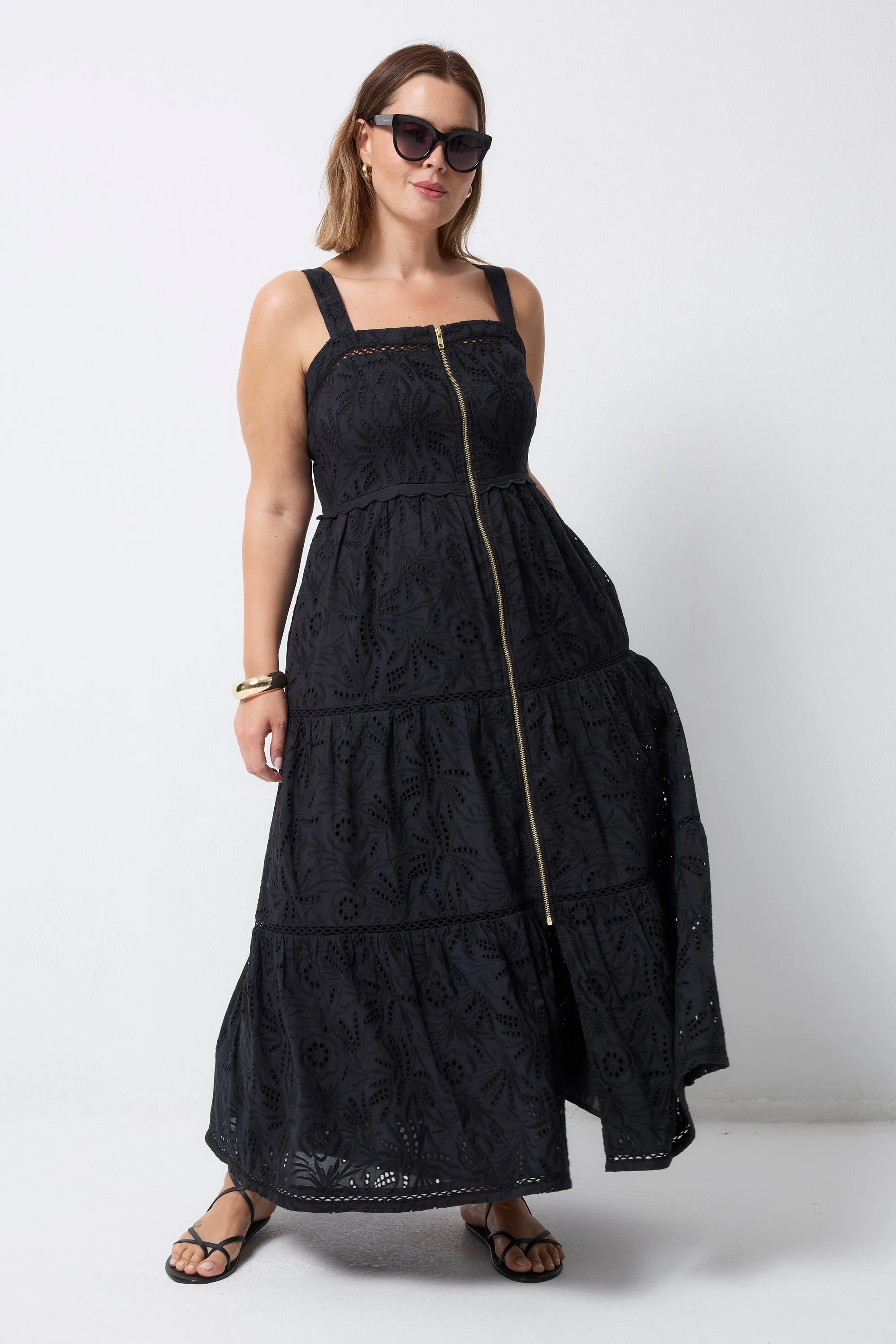 Signature-Style Sequin-Detail Black Broderie Zip Detail Midi Sundress