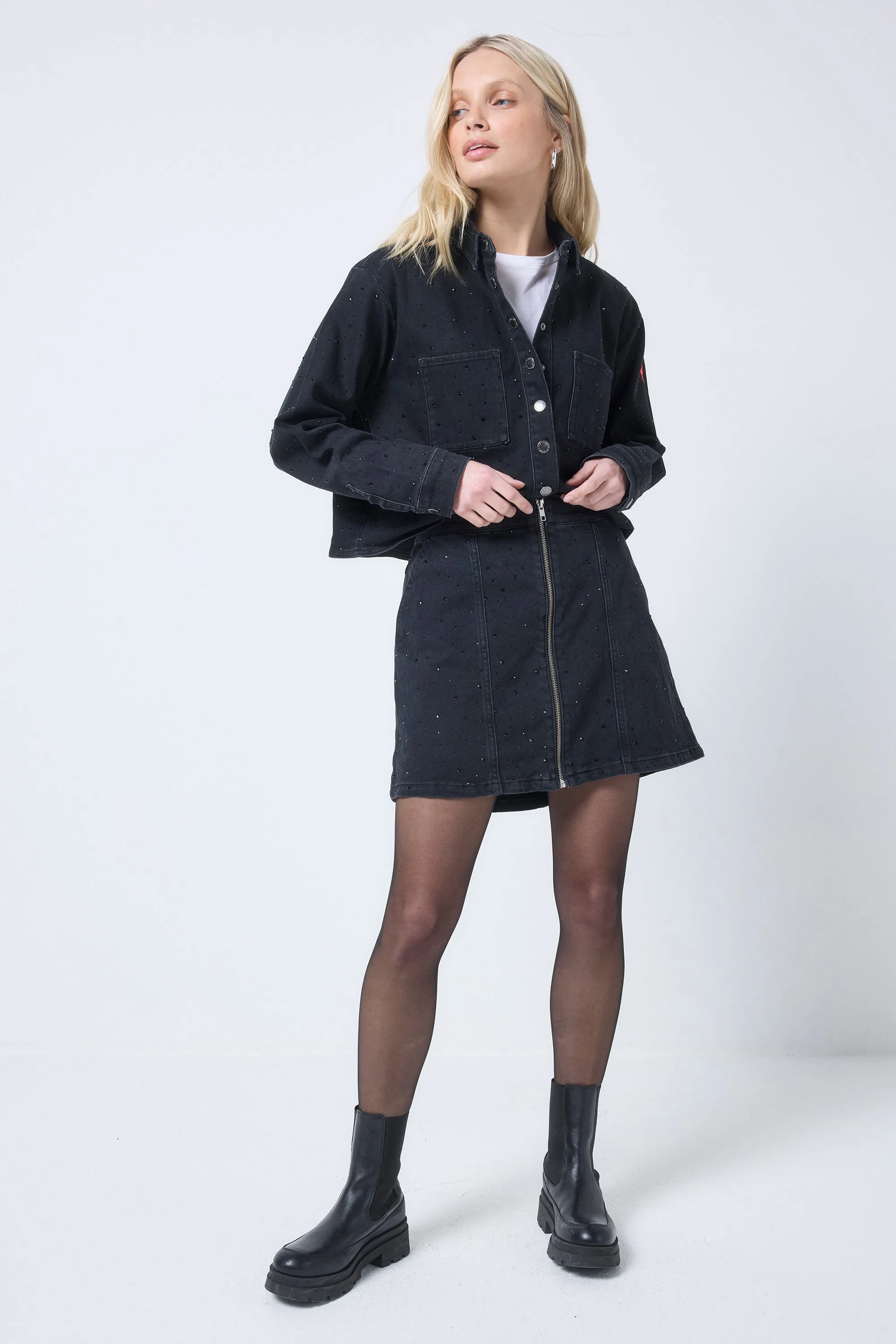 Personality Style Smooth Motion Black Embellished Zip Front Denim Mini Skirt