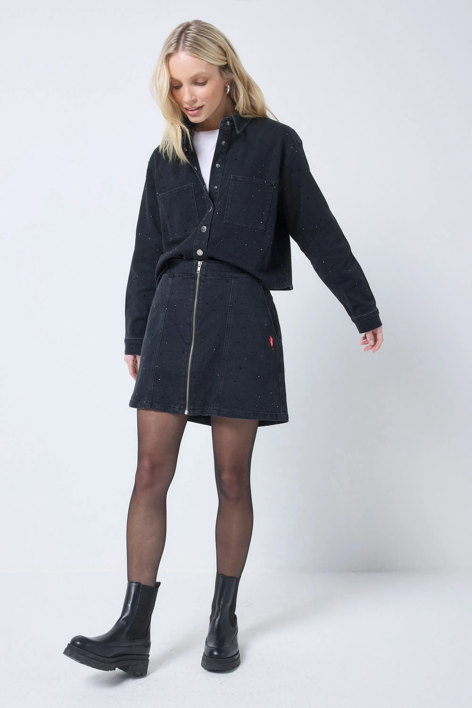 Formal Event Black Embellished Zip Front Denim Mini Skirt