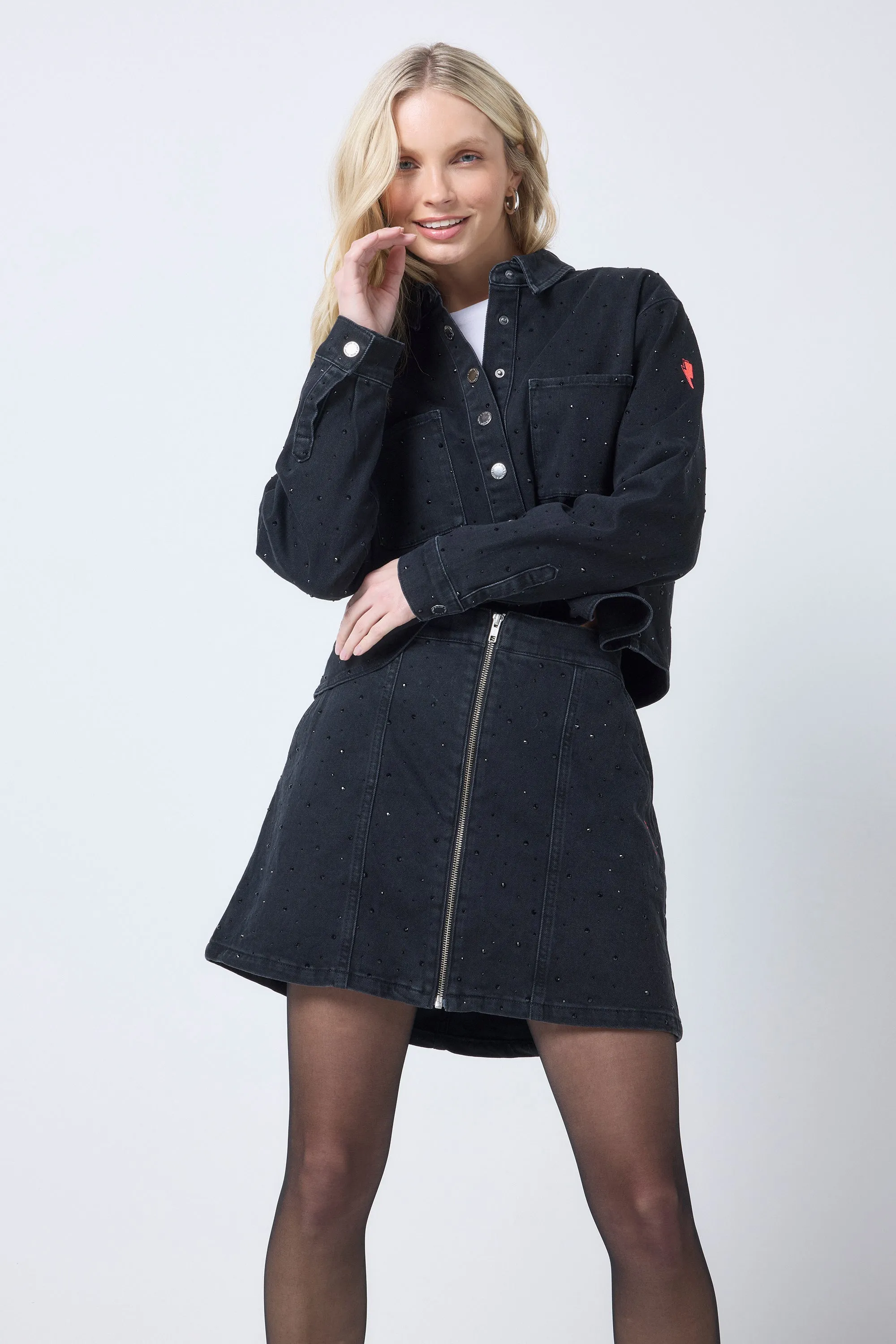 Opaque Lining Black Embellished Zip Front Denim Mini Skirt