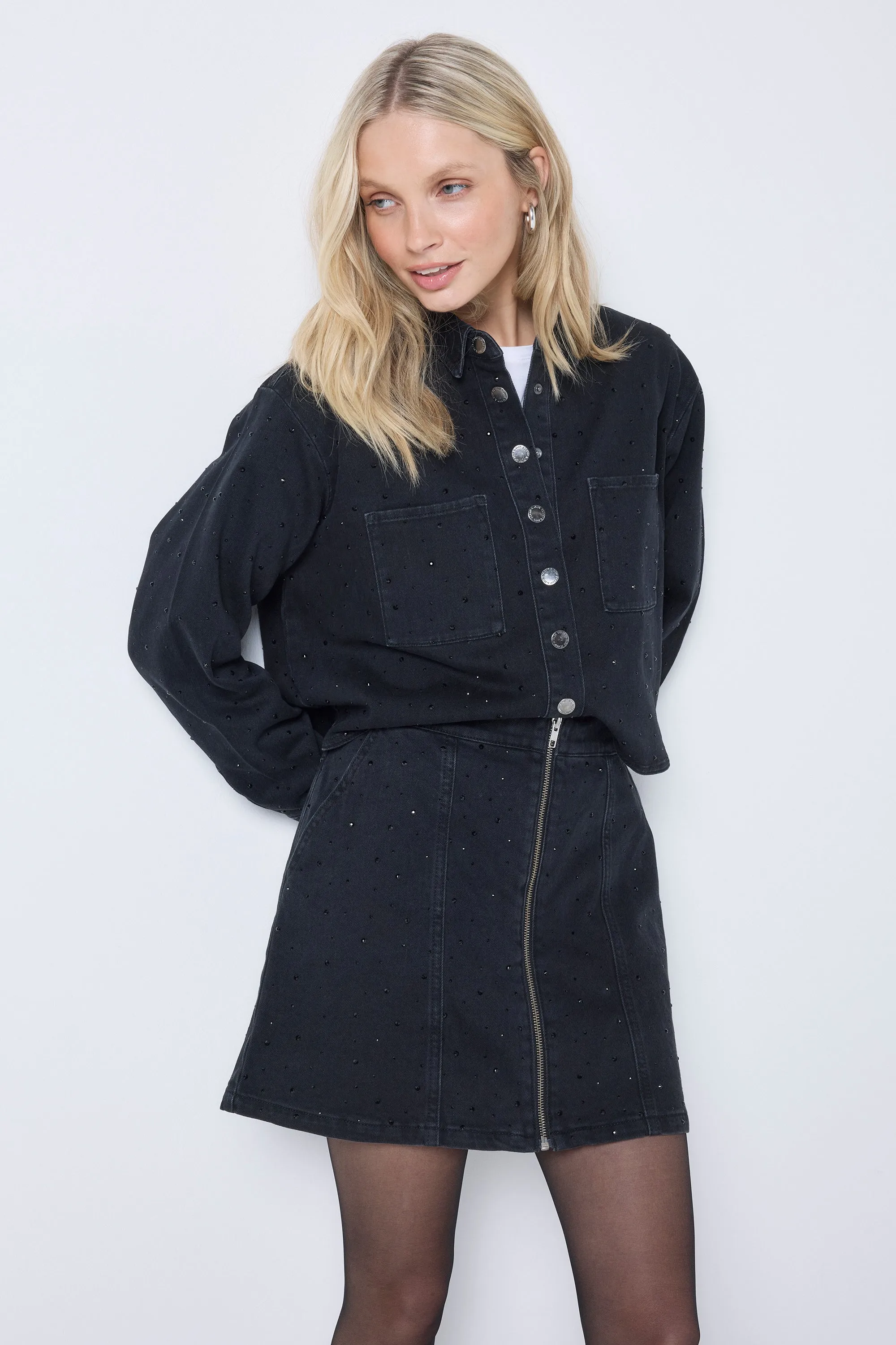 Minimal Vibe Black Embellished Zip Front Denim Mini Skirt