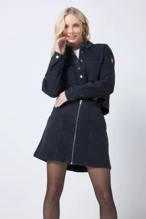 Opaque Lining Black Embellished Zip Front Denim Mini Skirt
