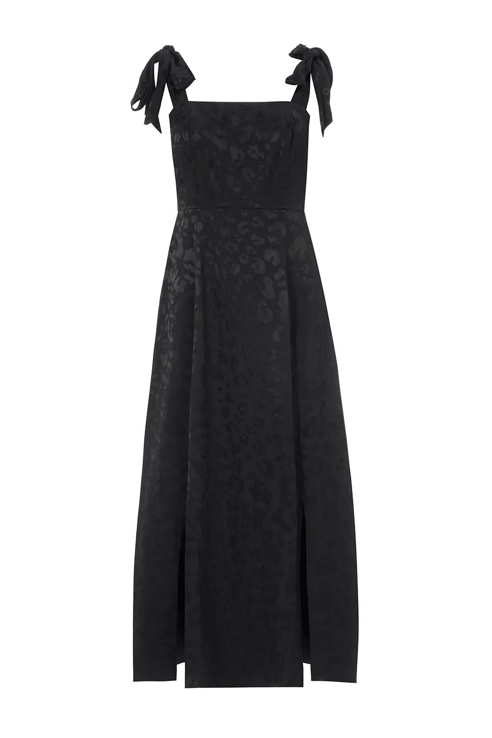 Romantic dinner wear Self Power Black Jacquard Leopard Tie Shoulder Dress