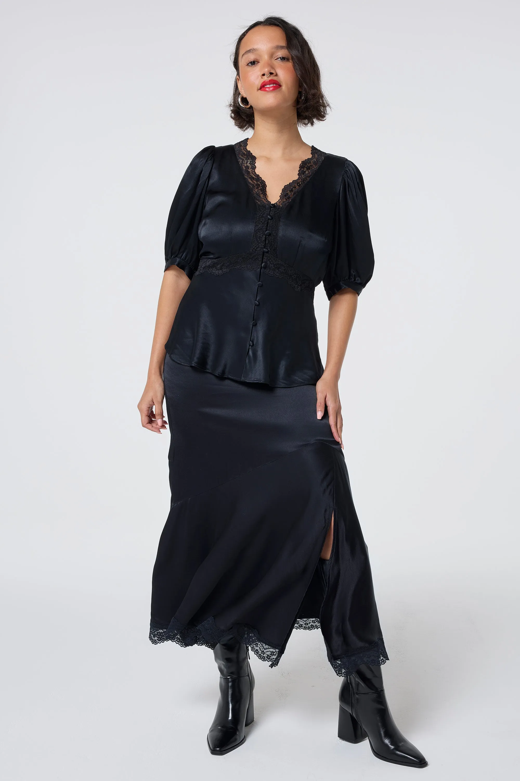 Black Lace Trim Satin Slip Skirt Curve Friendly City Tones
