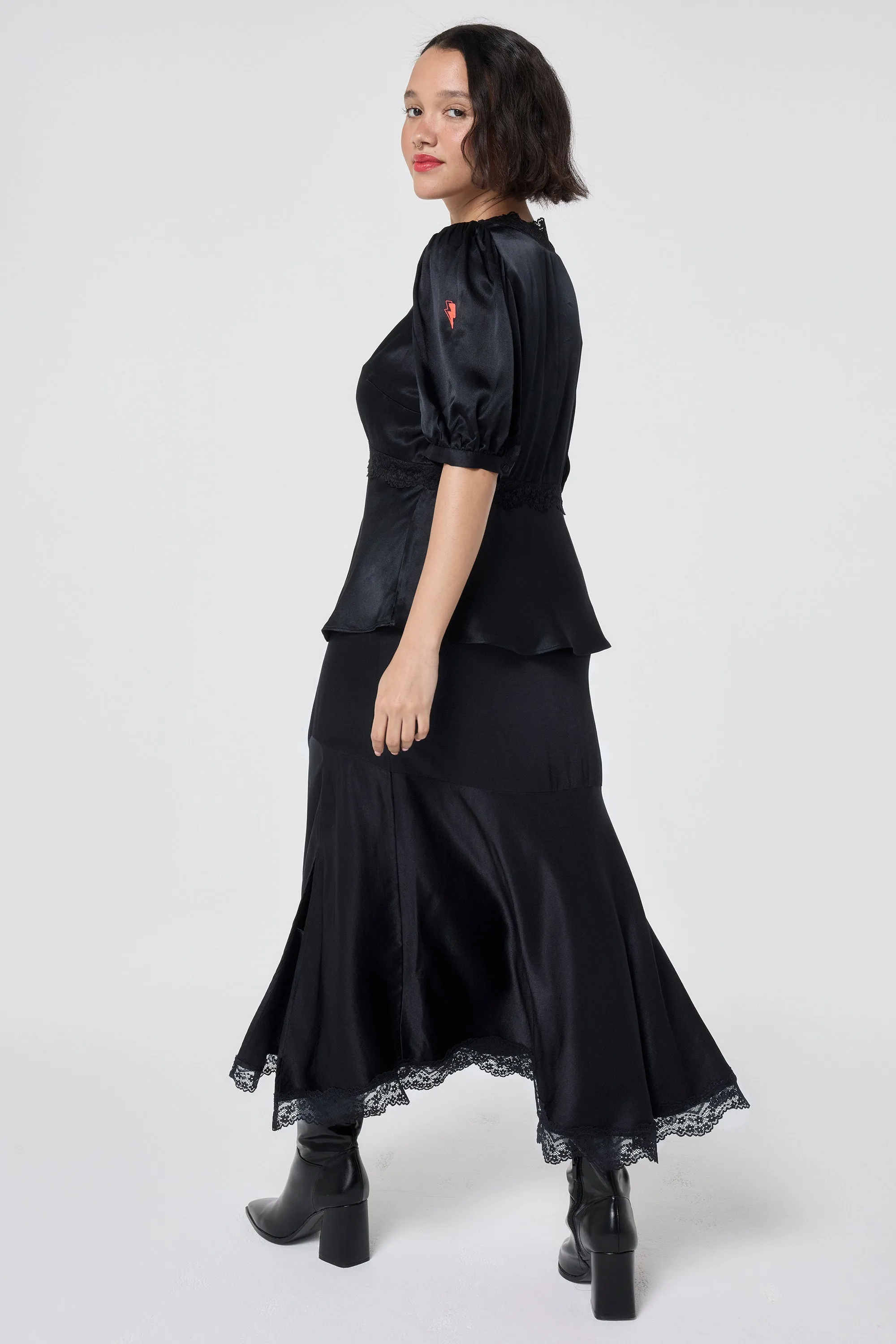 Button Fastenings Pastel tone Black Lace Trim Satin Slip Skirt